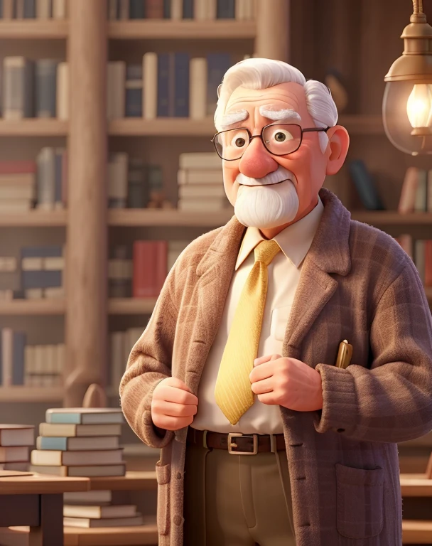 There is a wise old man standing in front of you, illuminated by lamplight, With the library as a background