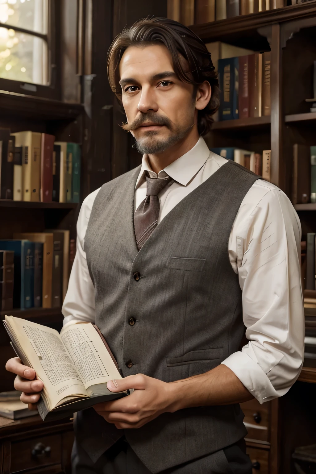 Setting: A sunlit Victorian study, cluttered with books and papers.
Person:
Male, late 40s to early 50s.
Kind eyes with flecks of green, framed by bushy eyebrows and a thoughtful, intelligent expression.
Short, neatly trimmed beard and mustache with hints of gray.
Shoulder-length dark brown hair, slightly receding at the temples.
Tall and lean build, dressed in a worn but well-tailored suit and waistcoat.
He stands confidently, holding an open book, a hint of a smile playing on his lips.
Additional details:
Capture the warmth and wisdom in his eyes.
Convey the impression of an active mind and a passionate spirit.
His attire suggests someone comfortable in both academic and social settings