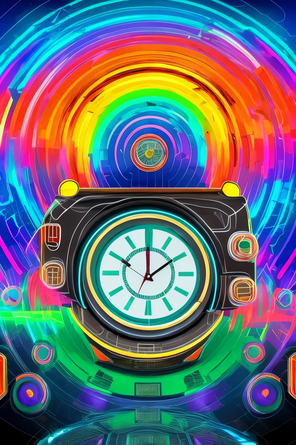 best quality, microwave oven with an upside-down clock door, visible electromagnetic waves, and a time leap to the past and future, digital, art, background galaxy, rainbow colors neon line light, image processing with mysterious effects