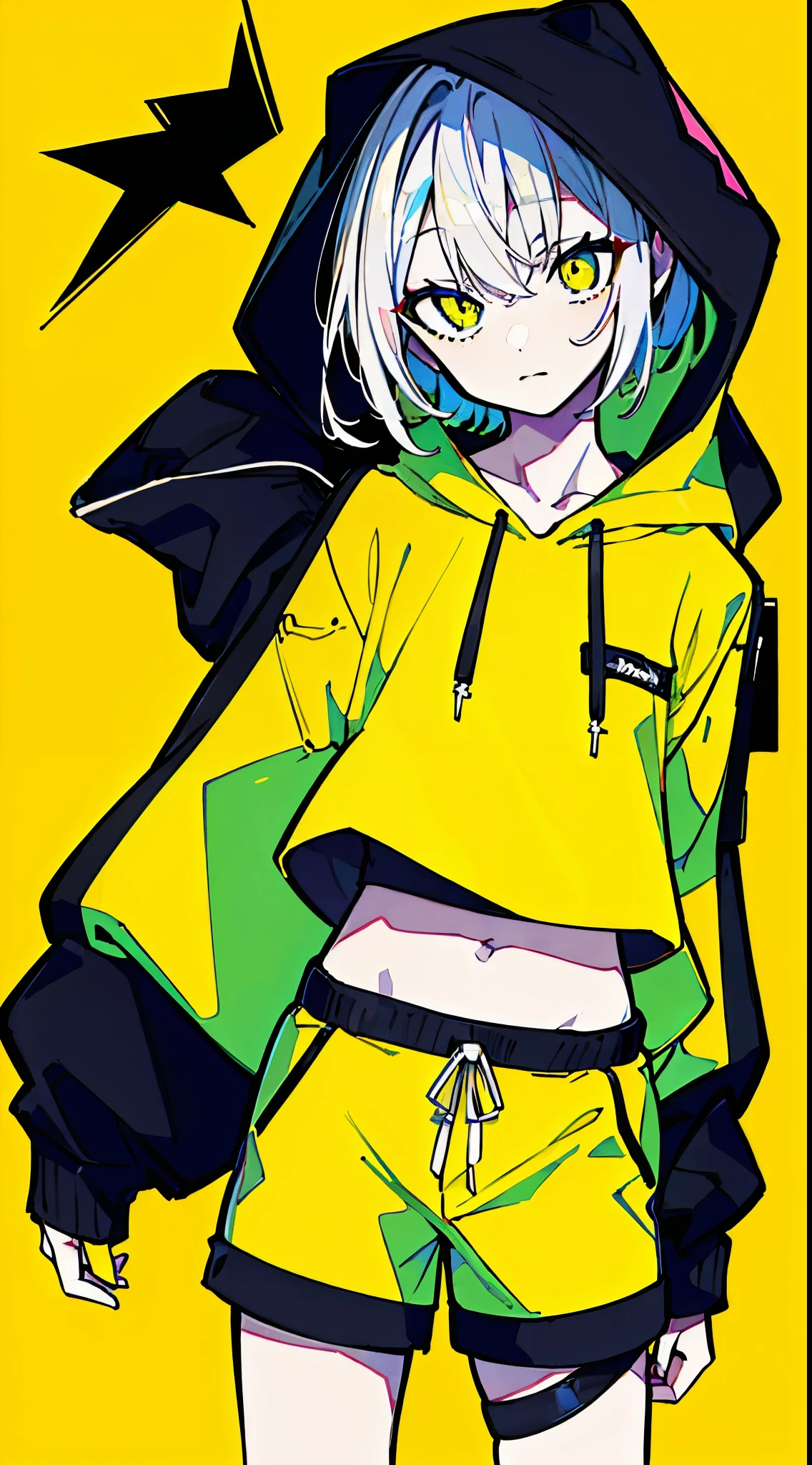 (masterpiece, highest quality:1.6), alone, thick outline, (simple background, Dark yellow background, monochrome, dark yellow theme:1.2), official art, Key Visual, 8K, disorganized, whole body, (Unique hair, Oversized Hoodies, hot pants, arch back, short torso:1.2), belly button, thighs, cowboy shot, HDR, sharp focus, High resolution, most detailed, very detailed, Super detailed, finely, detailed eyes and face, sharp pupils, realistic student