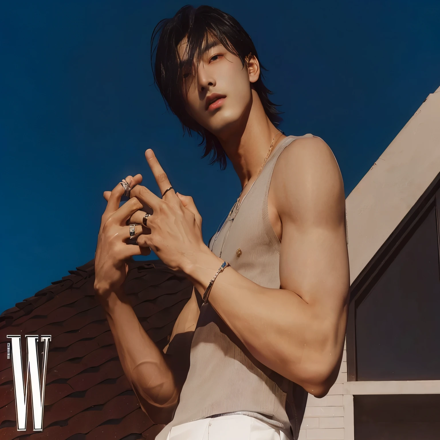 arafed image of a man standing on a roof with his hands crossed, wonbin lee, cai xukun, hyung tae, steven jung, jinyoung shin, taejune kim, siwoo kim, jung jaehyun, hyung tae kim, seseon yoon, inspired by jeonseok lee, hsiao-ron, hyung-tae kim, hyung - tae kim