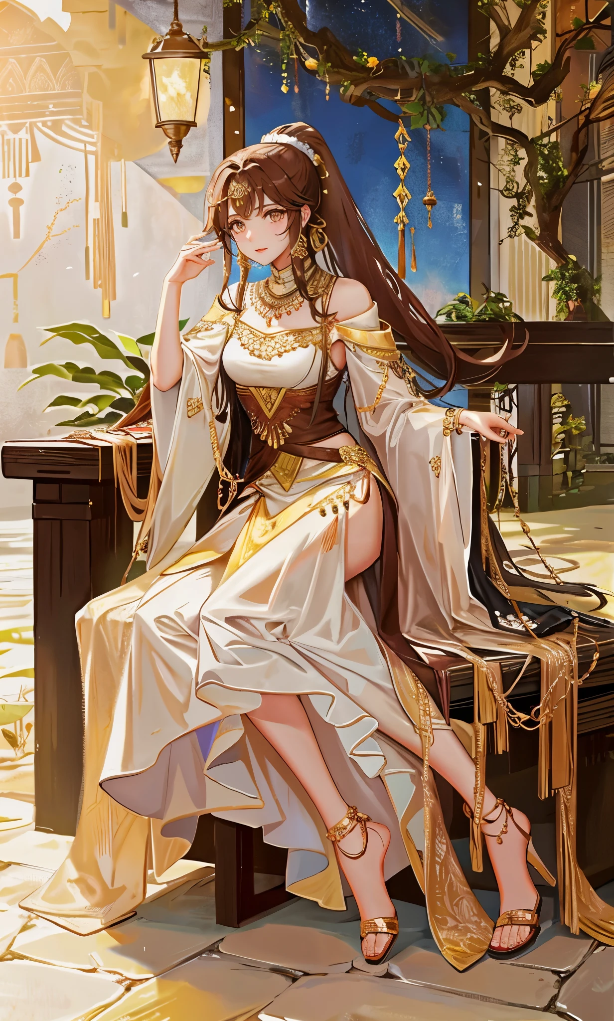 extremely normal body,stand,Chocolate brown high ponytail long hair,close up,dream world,Babylon Queen,Chocolate high ponytail,Messy hair,golden eyes,civilization,hanging garden背景,civilization,hanging garden,A wide range of jewelry,(贵重的Middle Eastern style长裙,Middle Eastern style),necklace,Her skin is very white, fair complexion,(White long dress,Exotic),barefoot,Gemstone anklets