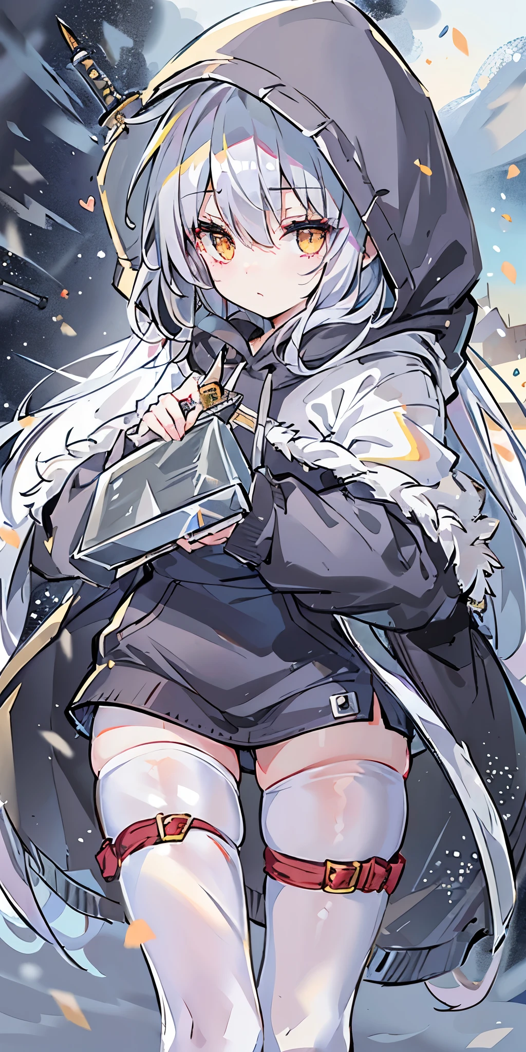 long hair、cute、white stockings、Heart-shaped pupils、solo、gray hair、winter、snow、outdoor、(((golden eyes)))、Ahoge、(((Black hoodie)))、head covering、With weapons、(((((battle)))))、 cold look、 Filmography、 ((((((knife))))))、 village、((((Show the whole body))))、