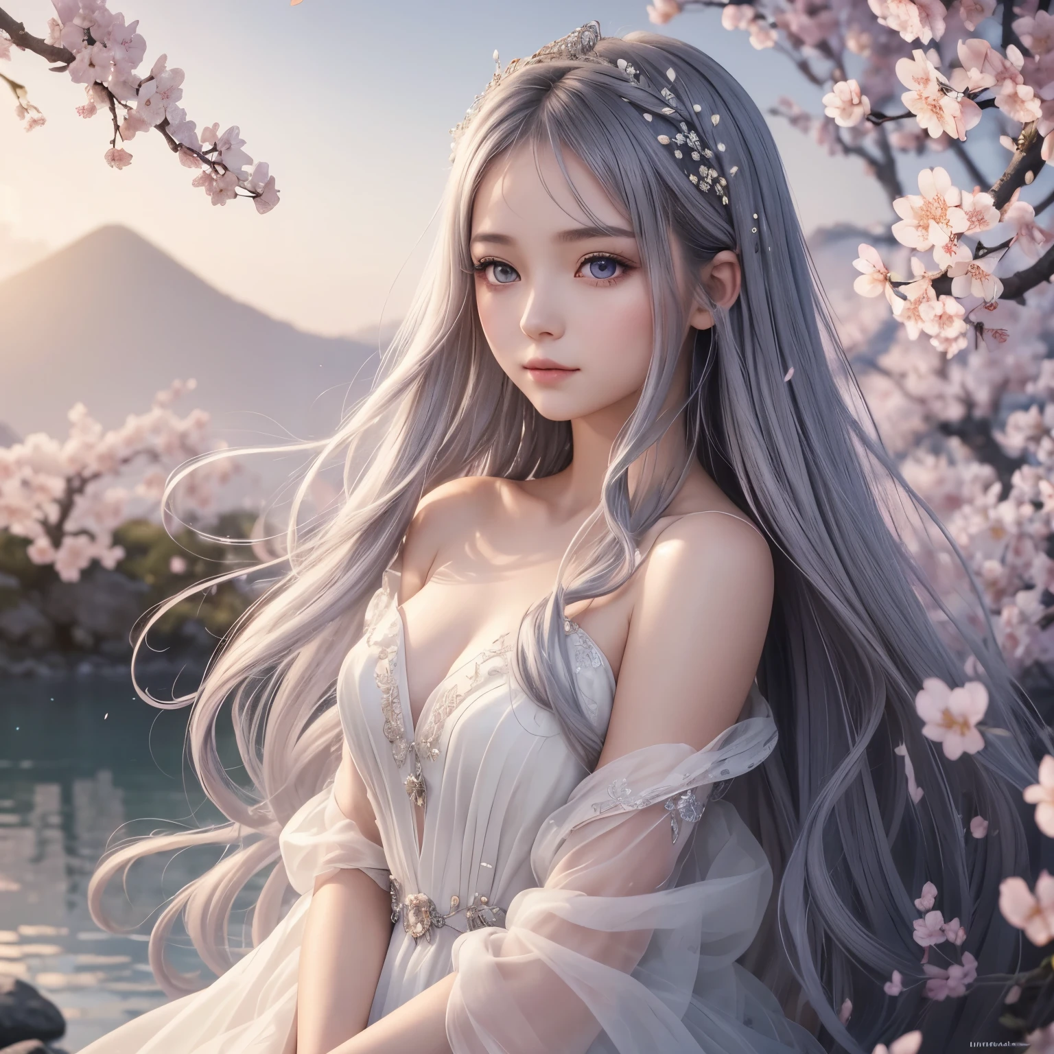 An exquisite, ultra-detailed portrait of a girl with grey wings, nimbly perched in the sky, her ethereal figure bathed in soft lighting. Her purple eyes, as deep and enchanting as the night sky, gleam with an air of pure innocence. Her long, lustrous silver hair cascades down, flowing gracefully like the cherry blossom petals that gently surround her. The delicate, flowing dress she wears adds to her captivating beauty, as if lifted by the gentlest of breezes. This masterpiece, created with the utmost care for detail and quality, is best appreciated in 8k or high-resolution formats, allowing each