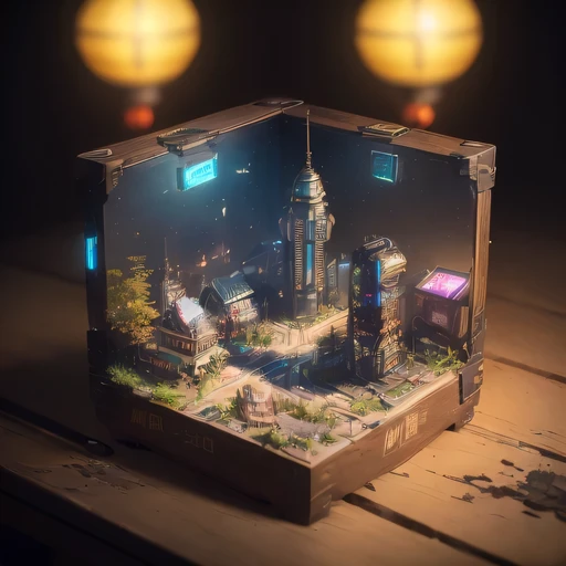 small realistic model, (rich, original photo, best quality, masterpiece:1.4),SteampunkCyberpunk1916 City,(Cyberpunk light:1.3),on the table,horizon (related to land),(in a small nature box:1.3),Isometric, small nature, landscape on foundation,landscape,