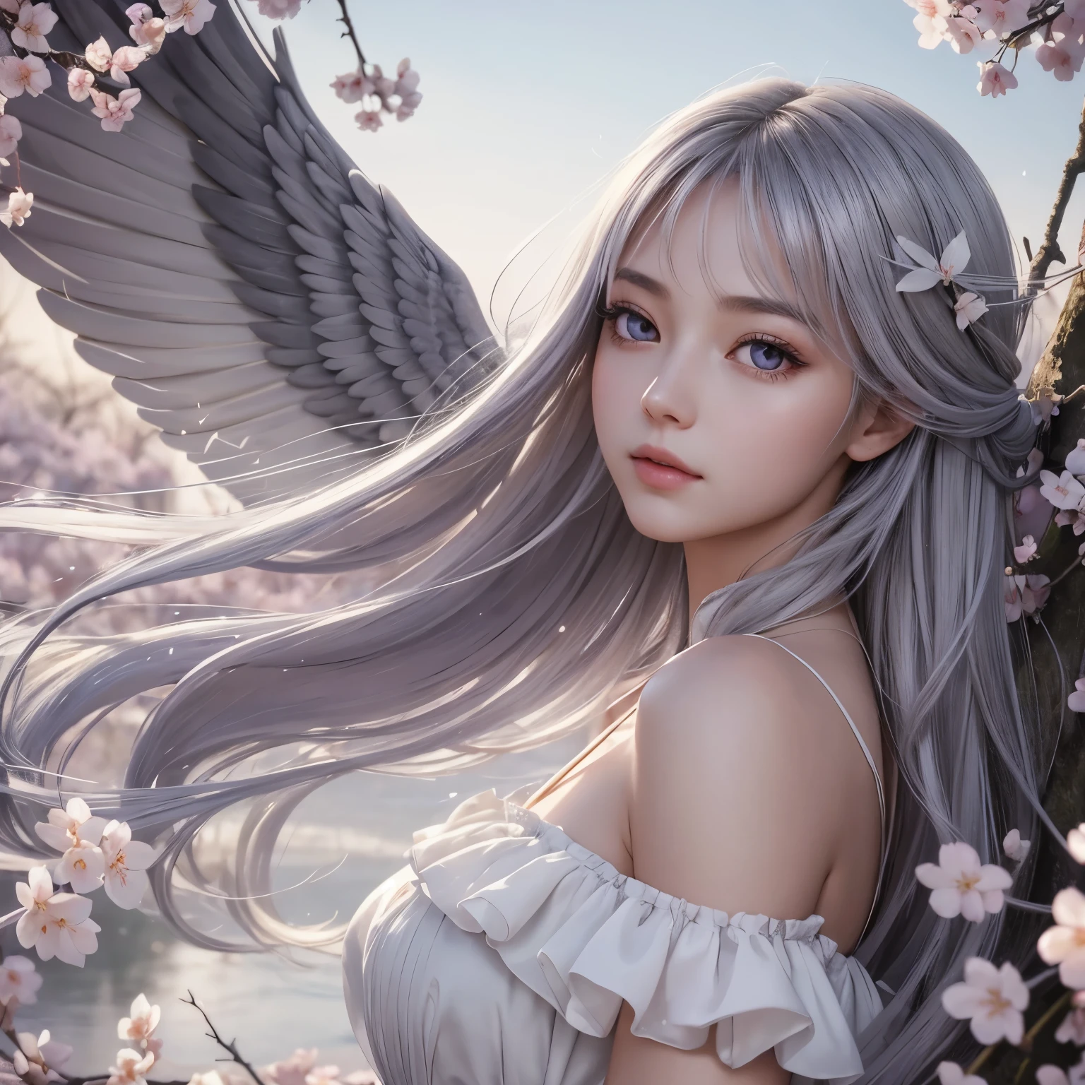 An exquisite, ultra-detailed portrait of a girl with grey wings, nimbly perched in the sky, her ethereal figure bathed in soft lighting. Her purple eyes, as deep and enchanting as the night sky, gleam with an air of pure innocence. Her long, lustrous silver hair cascades down, flowing gracefully like the cherry blossom petals that gently surround her. The delicate, flowing dress she wears adds to her captivating beauty, as if lifted by the gentlest of breezes. This masterpiece, created with the utmost care for detail and quality, is best appreciated in 8k or high-resolution formats, allowing each