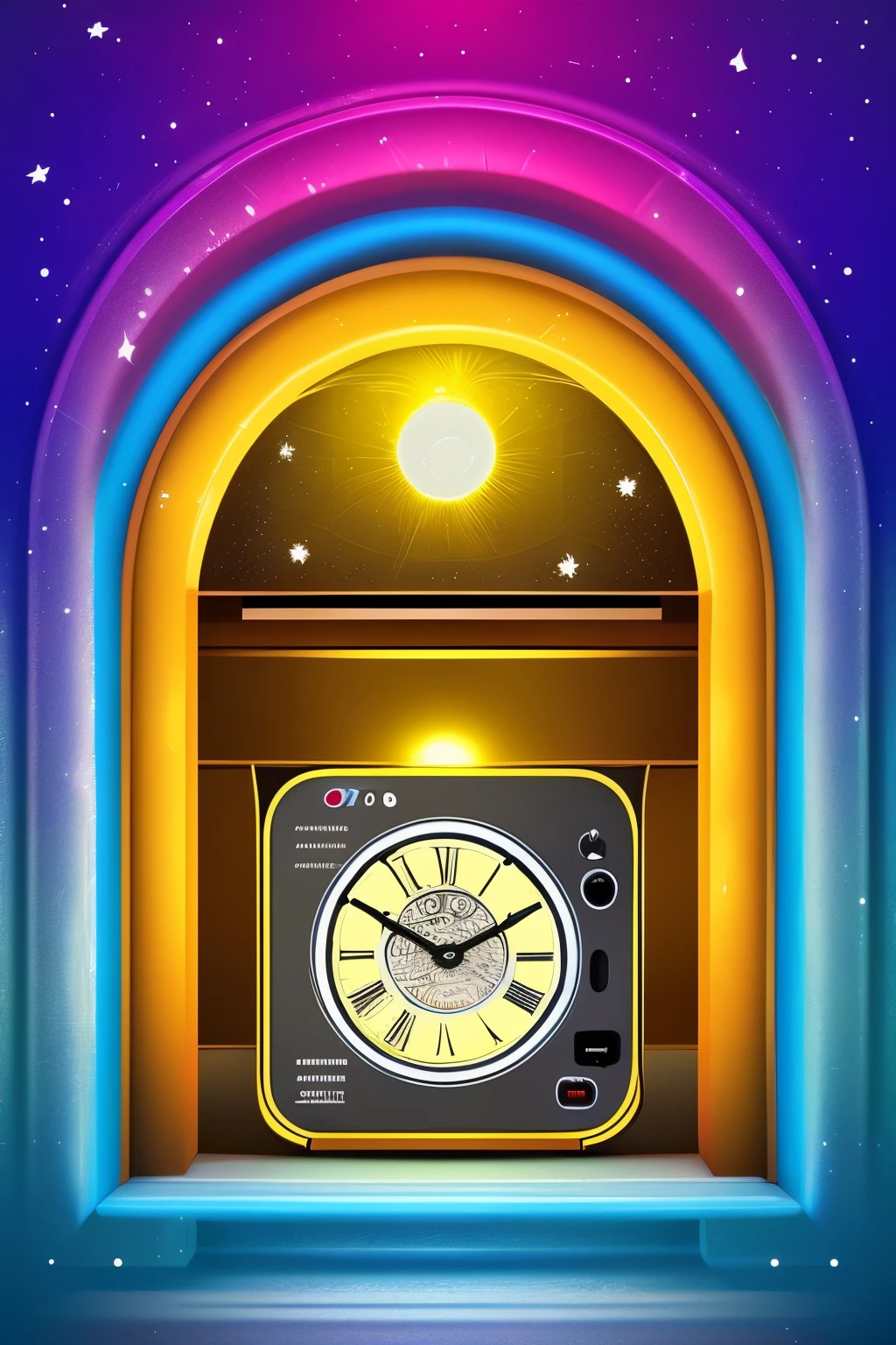 best quality, microwave oven with an upside-down clock door, visible electromagnetic waves, and a time leap to the past and future, digital, art, background galaxy, rainbow colors neon line light, image processing with mysterious effects