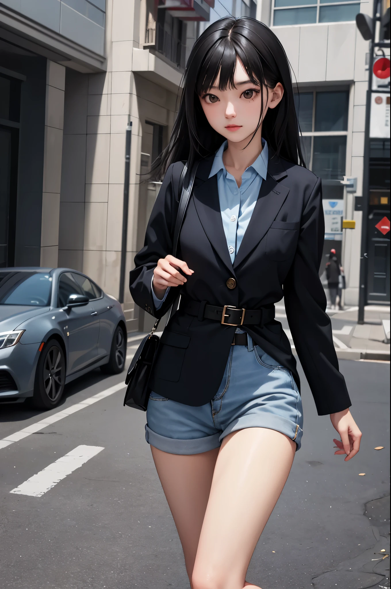 masterpiece, highest quality, 1 girl, long black hair, blue blazer, Formal shirts, belt, city street