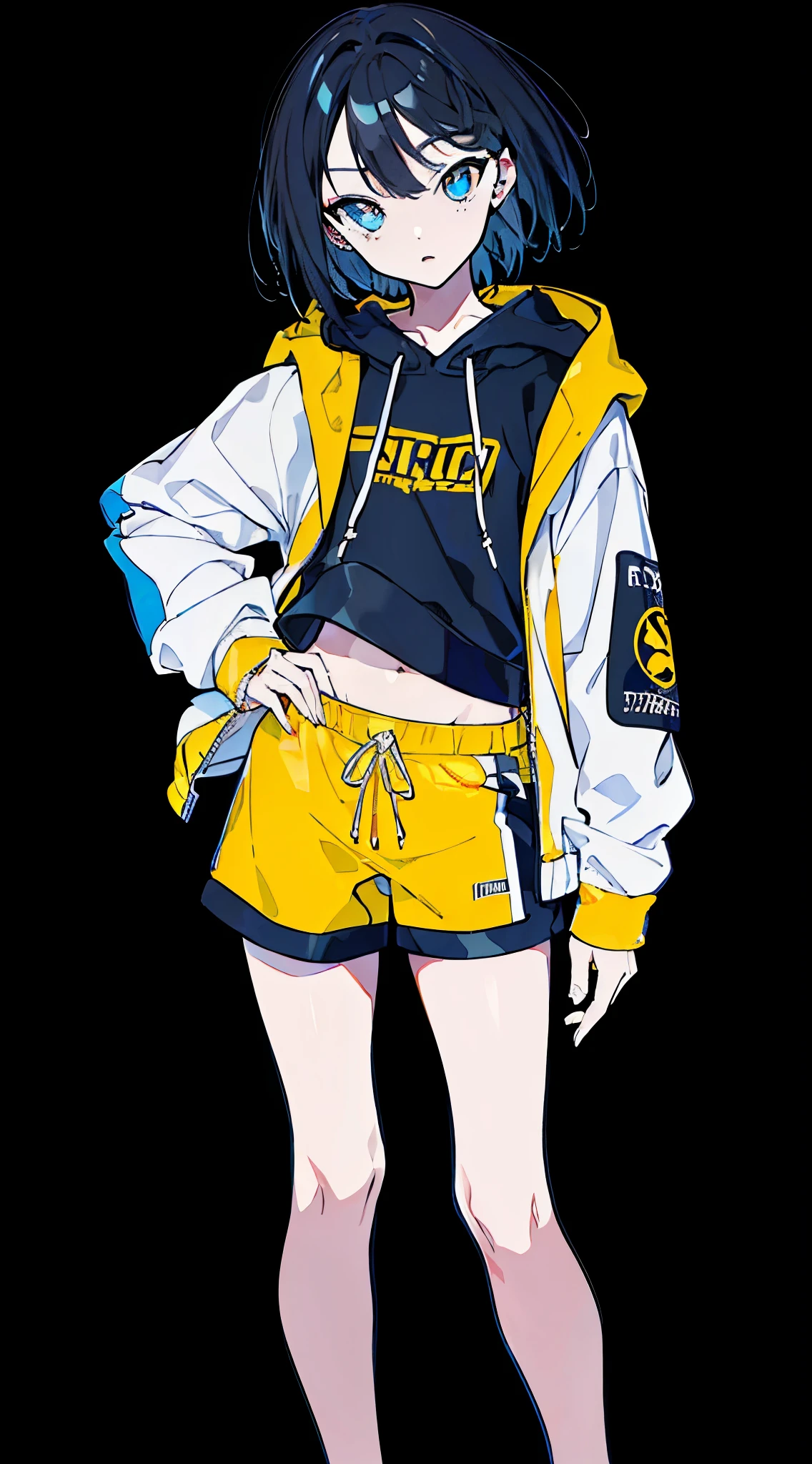 (masterpiece, highest quality:1.6), alone, thick outline, (simple background, Dark yellow background, monochrome, dark yellow theme:1.2), official art, Key Visual, 8K, disorganized, whole body, (Unique hair, Oversized Hoodies, hot pants, arch back, short torso:1.2), belly button, thighs, cowboy shot, HDR, sharp focus, High resolution, most detailed, very detailed, Super detailed, finely, detailed eyes and face, sharp pupils, realistic student, solo