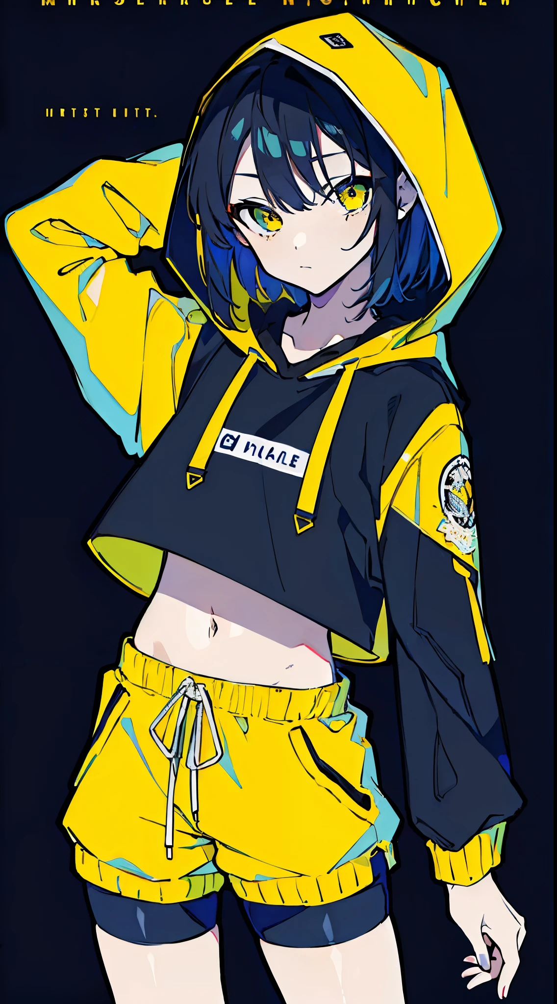 (masterpiece, highest quality:1.6), alone, thick outline, (simple background, Dark yellow background, monochrome, dark yellow theme:1.2), official art, Key Visual, 8K, disorganized, whole body, (Unique hair, Oversized Hoodies, hot pants, arch back, short torso:1.2), belly button, thighs, cowboy shot, HDR, sharp focus, High resolution, most detailed, very detailed, Super detailed, finely, detailed eyes and face, sharp pupils, realistic student, solo