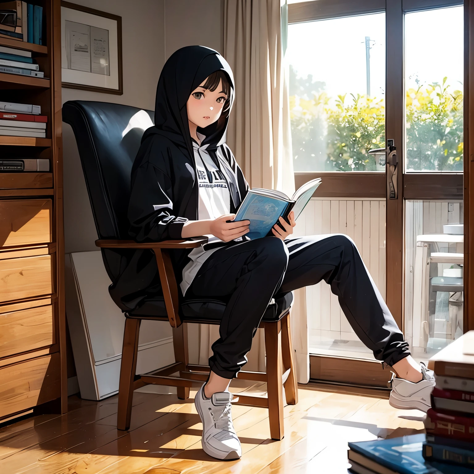 A young decent islamic girl, very cute girl, black and white hoodie, Islamic stoler, trousers, tall, sneakers, sit, chair, reading book