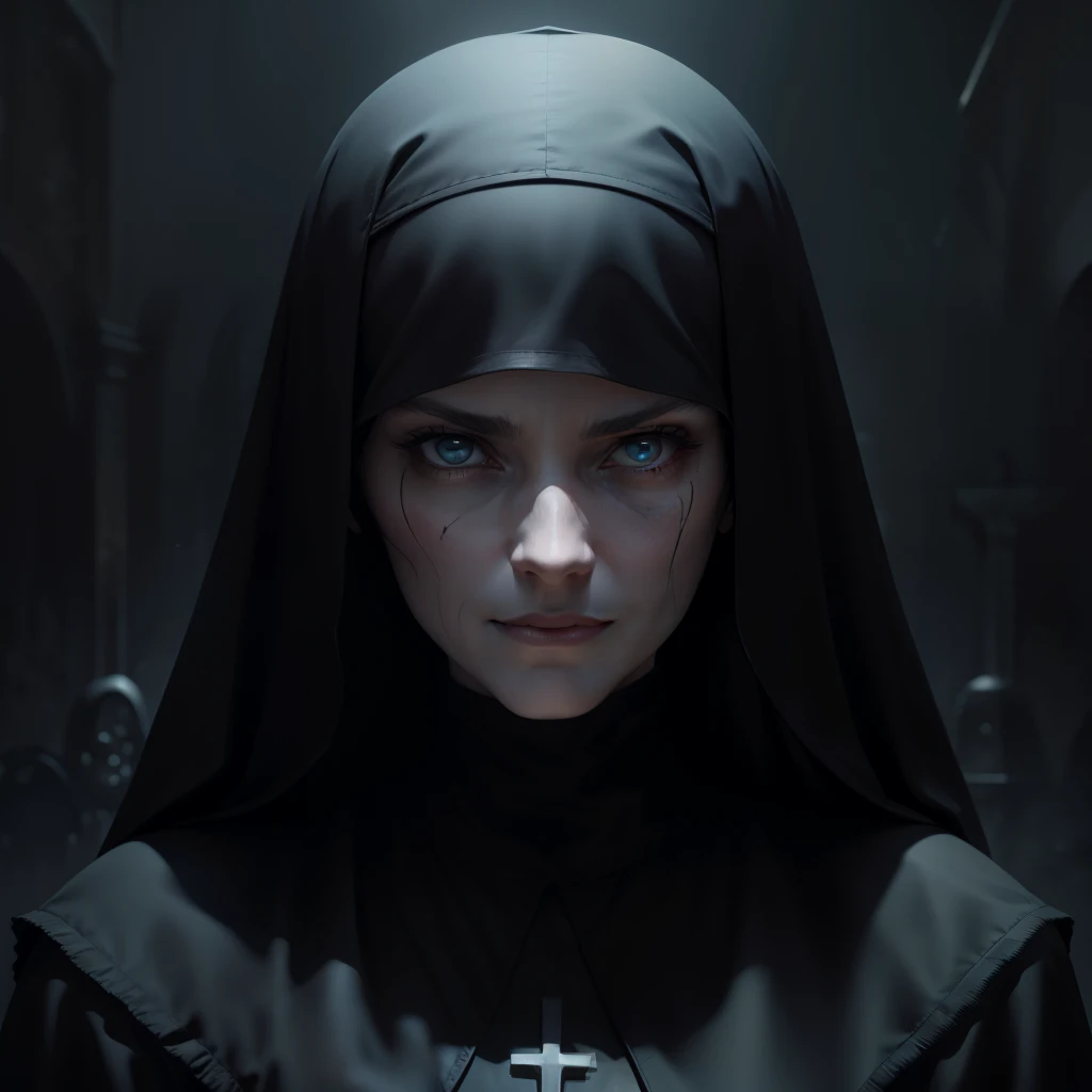 A horror movie nun She is anxious with a demon over her head controlling her. A fazendo pecar