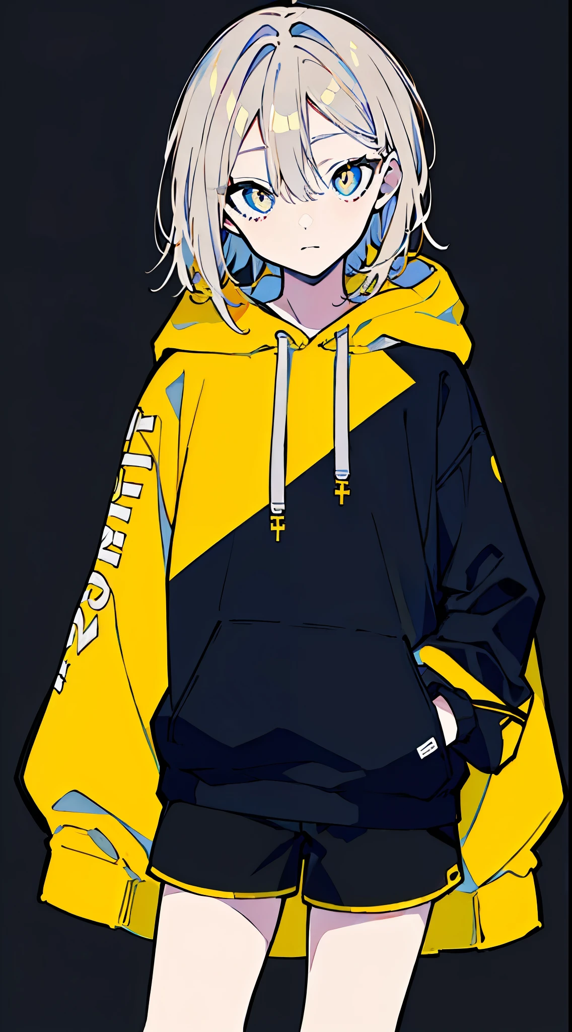 (masterpiece, highest quality:1.6), alone, thick outline, (simple background, Dark yellow background, monochrome, dark yellow theme:1.2), official art, Key Visual, 8K, disorganized, whole body, (Unique hair, Oversized Hoodies, hot pants, arch back, short torso:1.2), belly button, thighs, cowboy shot, HDR, sharp focus, High resolution, most detailed, very detailed, Super detailed, finely, detailed eyes and face, sharp pupils, realistic student