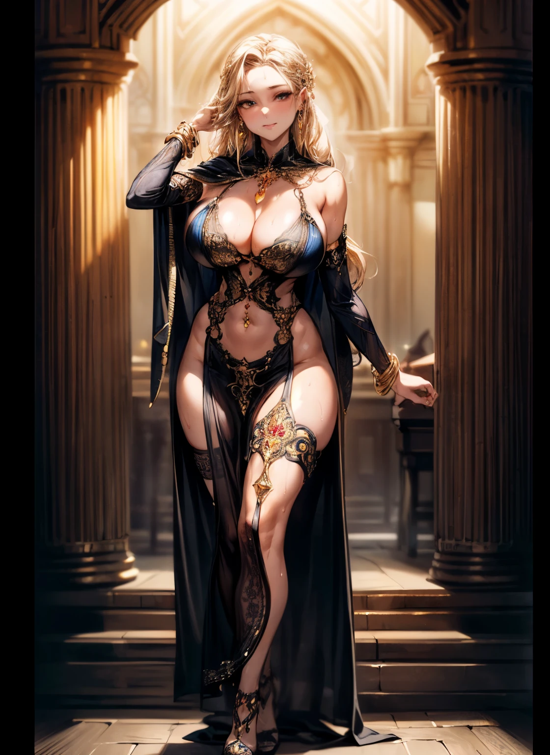 Masterpiece, best quality, the beauty of a goddess, empress, blonde, sexy woman, Lovely lighting, inside a castle room, Exceptional costume design, charming, Artistic and memorable, The colors are rich and contrasting. ((The image is attractive and has a high visual impact)), (8k RAW photo), (highly detailed skin: 1.2), (exposed: 1.5), (exposed breasts: 1.5), (exposed back: 1.5), (exposed shoulders: 1.1), Cinematographer, white skin, ultra-detailed face, detailed eyes, (((wearing a revealing gold-red colored lace deep-v dress))), deep-v dress, collarbone, (((BARE SHOULDERS, BARE CLEAVAGE))), bare navel, (((navel piercing))), ((detached sleeves: 1)), earrings, slim body, slim waist, wide hips, (((wearing ornate pendants, bracelets))), ((she is wearing a lowered cape that doesn't cover her shoulders)), ((sweaty body)), ((focus on viewer)), striking a sexy pose, big breasts: 1.1, lace stockings: 0.8, she raises her hand on her hair, armpits, seductive expression, (full body), ambient lighting, candle light, bindi, standing, curvy