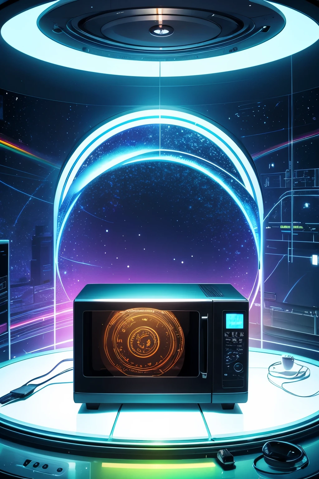 best quality, microwave oven with an upside-down clock door, visible electromagnetic waves, and a time leap to the past and future, digital, art, background galaxy, rainbow colors neon line light, image processing with mysterious effects