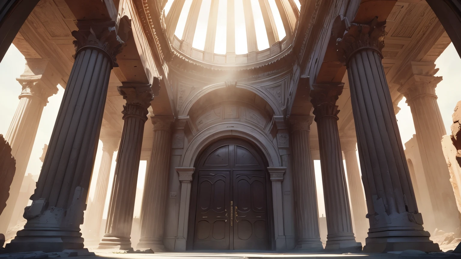 Behind the mysterious and unpredictable door lies a different world, very very big door, extremly large door, universe,  blue cosmos,(cyberpunk),In the expanse of the desert, a once-magnificent structure lies in ruins, a testament to the enduring legacy of Rome. The image depicts a cluster of weathered pillars, reminiscent of the grandeur that once was. Each pillar stands like a silent sentinel, guarding the secrets of a bygone era,completing the stable diffusion of serenity and contentment,masterpiece, best quality