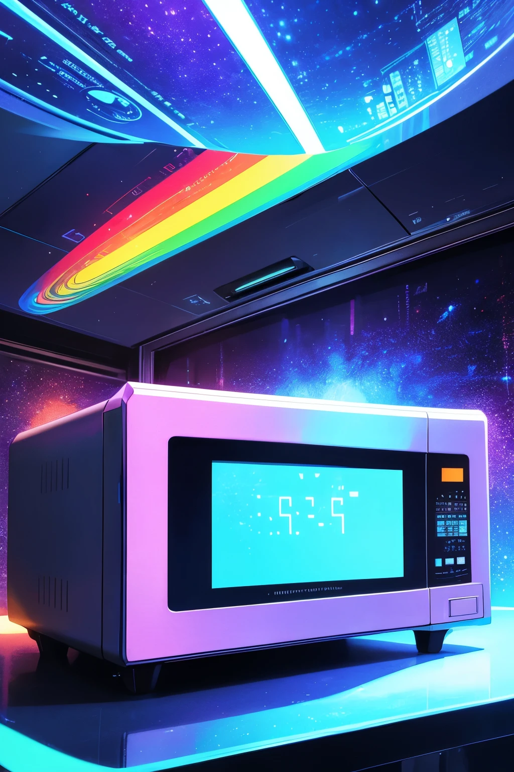 best quality, microwave oven with an upside-down clock door, visible electromagnetic waves, and a time leap to the past and future, digital, art, background galaxy, rainbow colors neon line light, image processing with mysterious effects