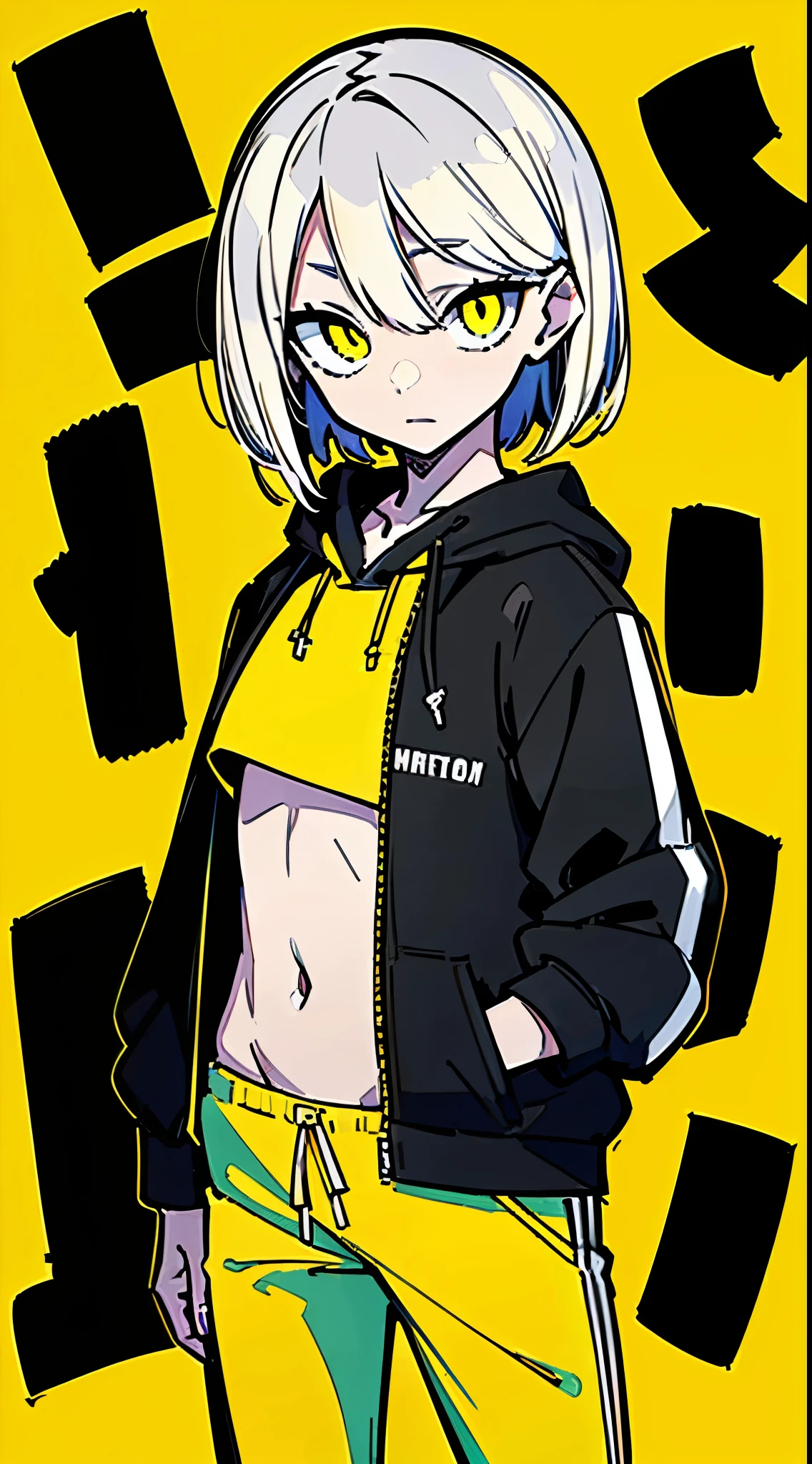 (masterpiece, highest quality:1.6), alone, thick outline, (simple background, Dark yellow background, monochrome, dark yellow theme:1.2), official art, Key Visual, 8K, disorganized, whole body, (Unique hair, Black oversized hoodie, The hoodie has black text on it., Yellow hot pants, arch back, short torso:1.2), belly button, thighs, cowboy shot, HDR, sharp focus, High resolution, most detailed, very detailed, Super detailed, finely, detailed eyes and face, sharp pupils, realistic student