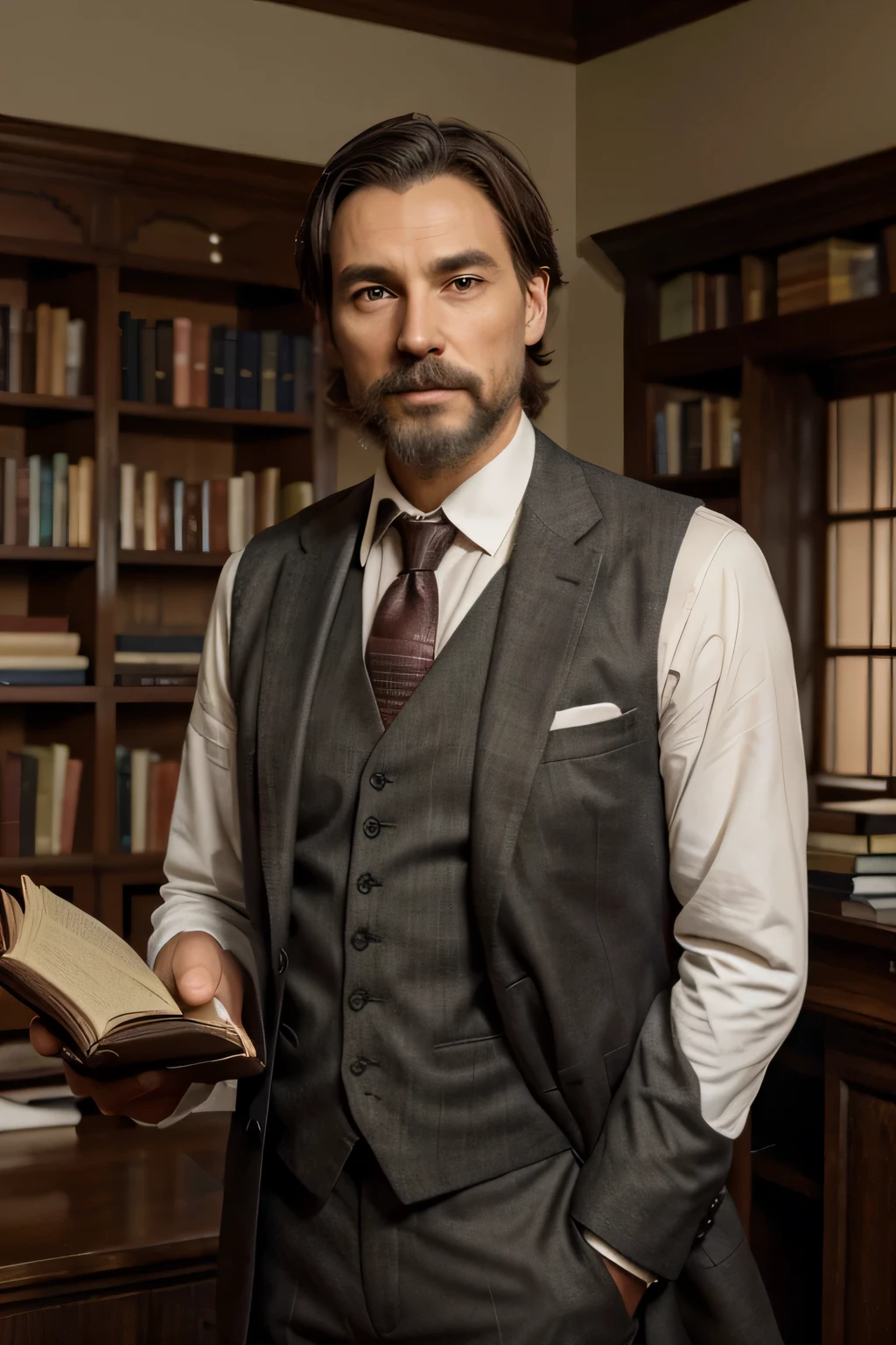 Setting: A sunlit Victorian study, cluttered with books and papers.
Person:
Male, late 40s to early 50s.
Kind eyes with flecks of green, framed by bushy eyebrows and a thoughtful, intelligent expression.
Short, neatly trimmed beard and mustache with hints of gray.
Shoulder-length dark brown hair, slightly receding at the temples.
Tall and lean build, dressed in a worn but well-tailored suit and waistcoat.
He stands confidently, holding an open book, a hint of a smile playing on his lips.
Additional details:
Capture the warmth and wisdom in his eyes.
Convey the impression of an active mind and a passionate spirit.
His attire suggests someone comfortable in both academic and social settings facing the camera, biometric photo
