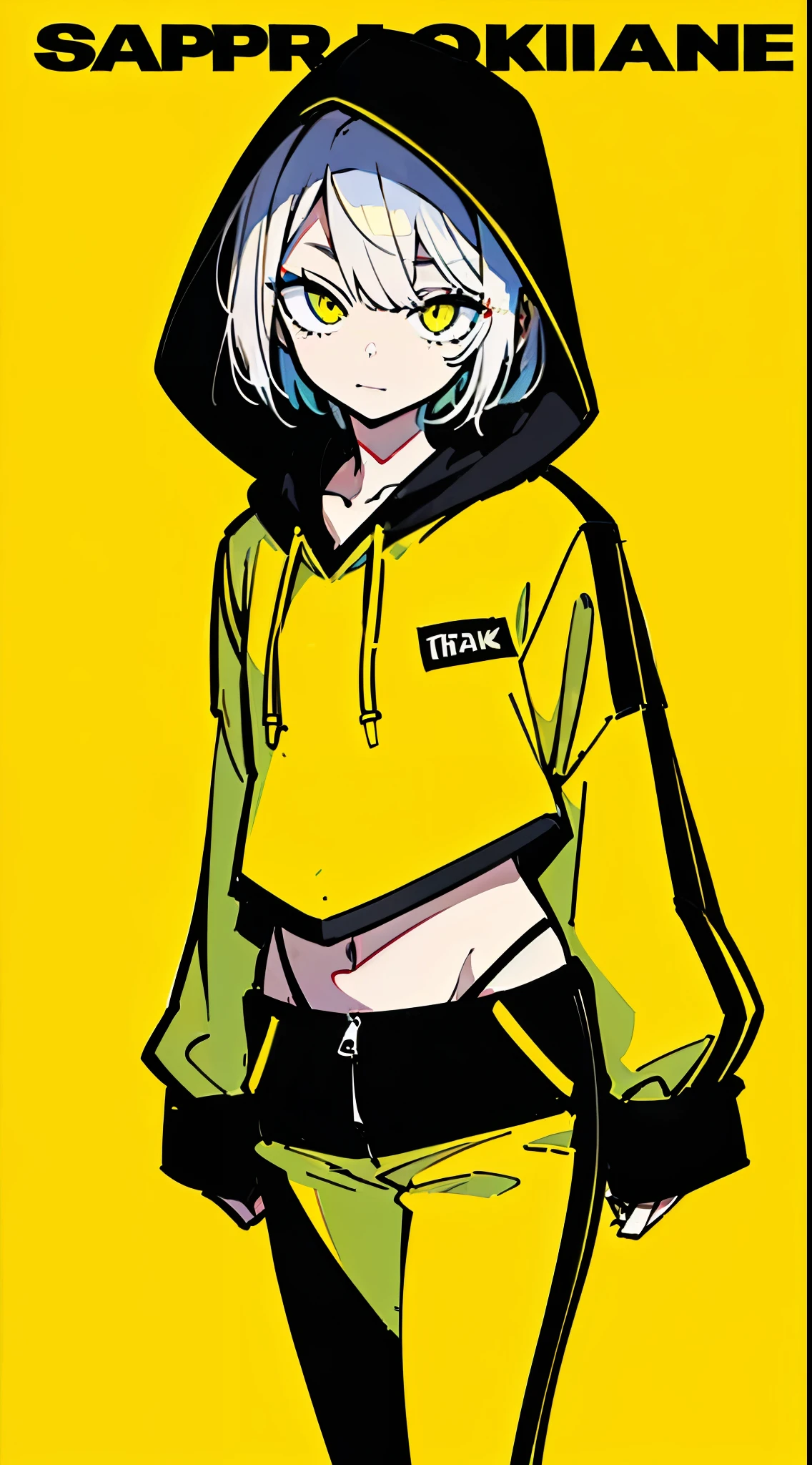 (masterpiece, highest quality:1.6), alone, thick outline, (simple background, Dark yellow background, monochrome, dark yellow theme:1.2), official art, Key Visual, 8K, disorganized, whole body, (Unique hair, Black oversized hoodie, The hoodie has black text on it., Yellow hot pants, arch back, short torso:1.2), belly button, thighs, cowboy shot, HDR, sharp focus, High resolution, most detailed, very detailed, Super detailed, finely, detailed eyes and face, sharp pupils, realistic student
