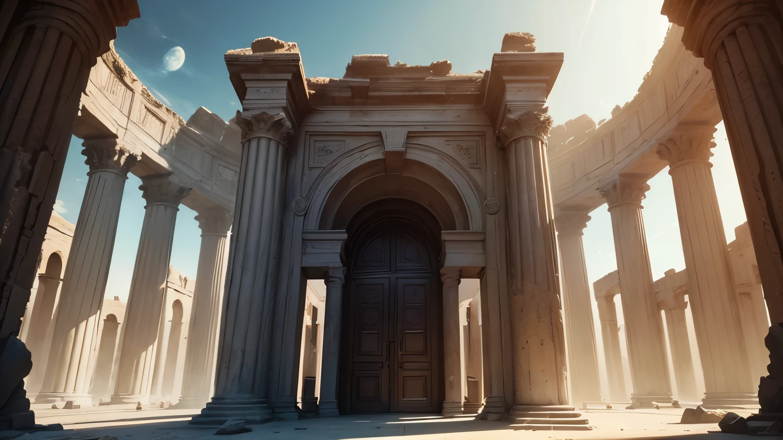 Behind the mysterious and unpredictable door lies a different world, very very big door, extremly large door, universe,  blue cosmos,(cyberpunk),In the expanse of the desert, a once-magnificent structure lies in ruins, a testament to the enduring legacy of Rome. The image depicts a cluster of weathered pillars, reminiscent of the grandeur that once was. Each pillar stands like a silent sentinel, guarding the secrets of a bygone era,completing the stable diffusion of serenity and contentment,masterpiece, best quality