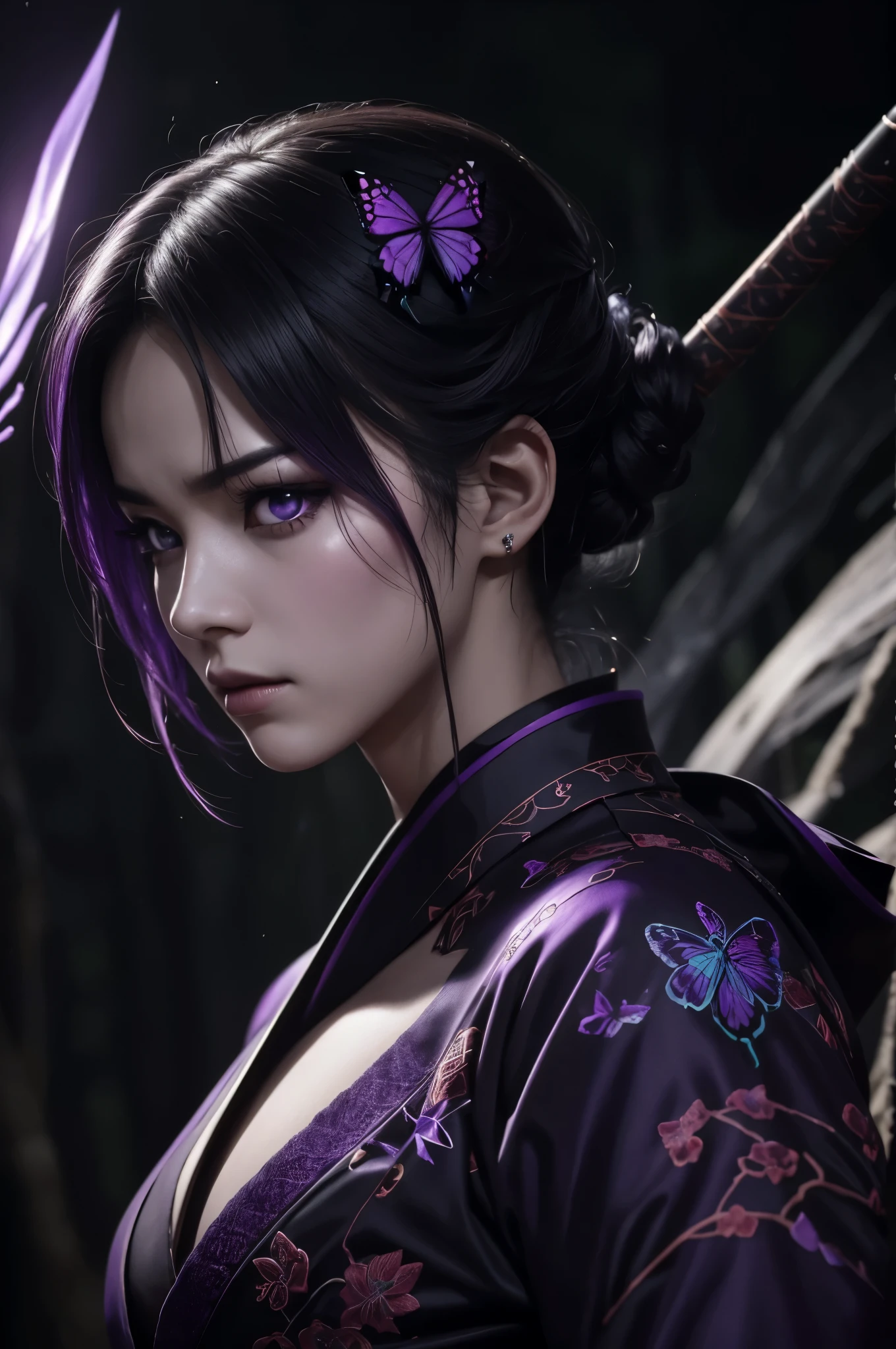 8K,Women in traditional Japanese costumes fighting,(dark shot:1.4), 80mm, (dark shot:1.4), 80mm, epic real, Big eyes,Black hair short bob hair,black and purple butterfly hair ornament,black kimono and red obi,black and purple butterfly pattern(Precise butterfly embroidery),purple eyes(purple effect),matted, art,horror movie lights, photo lab, HDR, 複雑で非常にdetailed, (Depth of bounds written:1.4), (dark shot:1.22), (artステーション:1.2), 超detailedな, dramatic, intricate details, (technicolor:0.9), (rutkowski:0.8), horror movie-like, detailed, soft light, sharp, exposure blend, medium shot, (noir:0.4), horror light,sharp, exposure blend、medium shot,Photorealistic RAW photos of the highest quality。Backlight, cinematic lighting, film grain, to be born, 50mm lens, Nikon D850,realistic skin,ファンタジーart,キャラクターart,ultra high resolution,muscular slim body,in the forest,super realistic skin,late night,underworld devil makeup,demon makeup,battle scene,action scene,action pose,激しいaction pose,fierce fighting,Holding a dagger,acrobatic pose,Fighting style,emits a purple aura from the body(濃いpurple effect),Dark purple smoke around the body(濃いpurple effect),view audience,