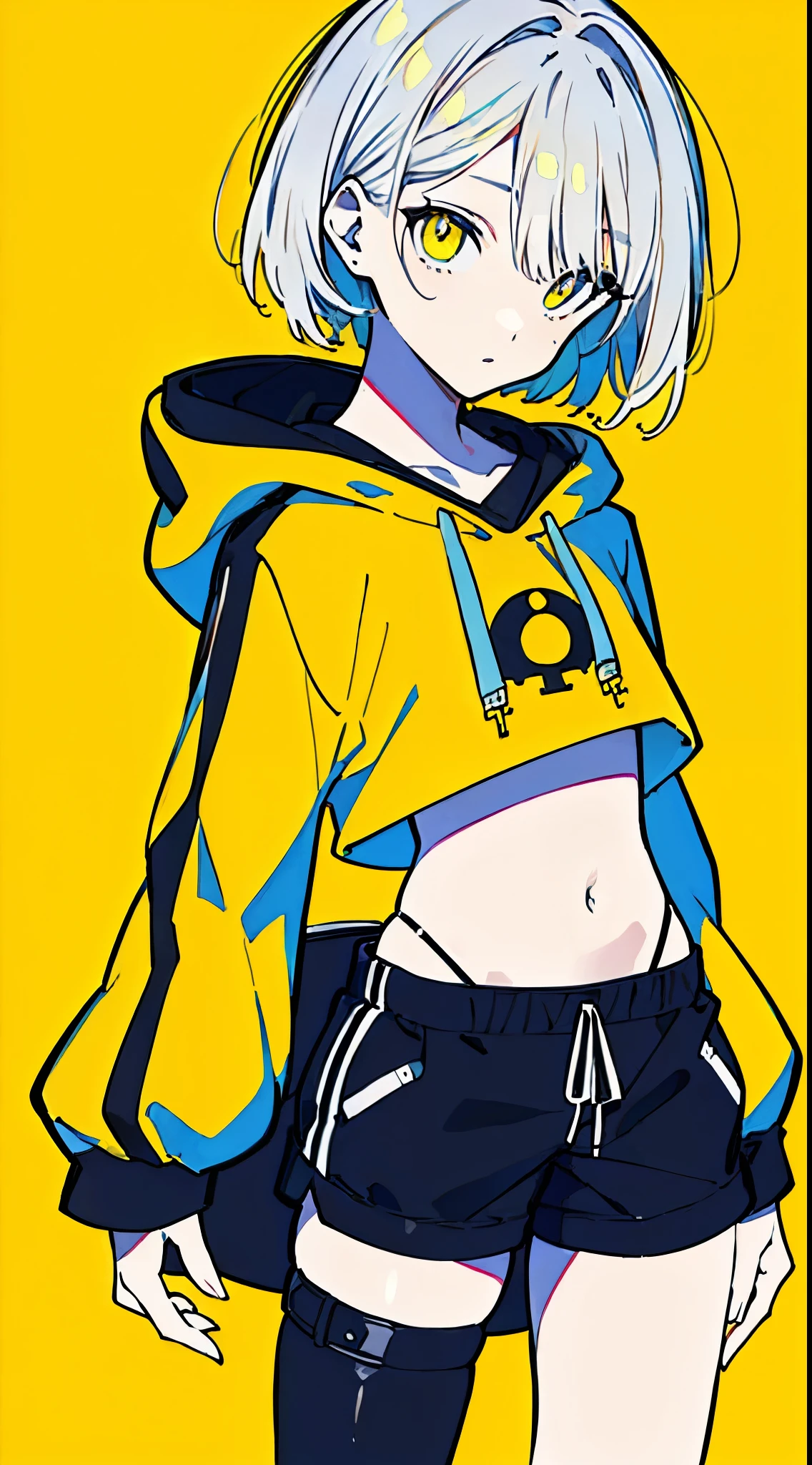 (masterpiece, highest quality:1.6), alone, thick outline, (simple background, Dark yellow background, monochrome, dark yellow theme:1.2), official art, Key Visual, 8K, disorganized, whole body, (Unique hair, Oversized Hoodies, hot pants, arch back, short torso:1.2), belly button, thighs, cowboy shot, HDR, sharp focus, High resolution, most detailed, very detailed, Super detailed, finely, detailed eyes and face, sharp pupils, realistic student, solo, contrast between yellow and light blue