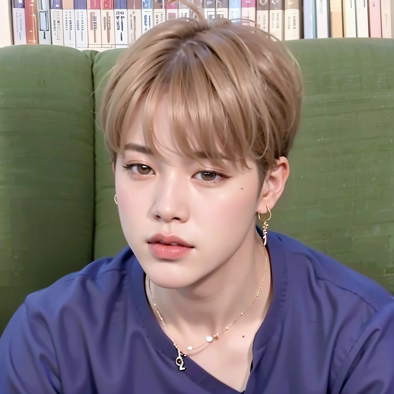 a close up of a person sitting on a couch with a necklace, accurate jimin face, jimin\'s plump lips, park jimin, jimin, jimin\'s right eyelid swollen, jimin\'s grecian nose, park jimin, portrait of jimin of bts, he has an elongated head shape, jimin chengt, park jimin
