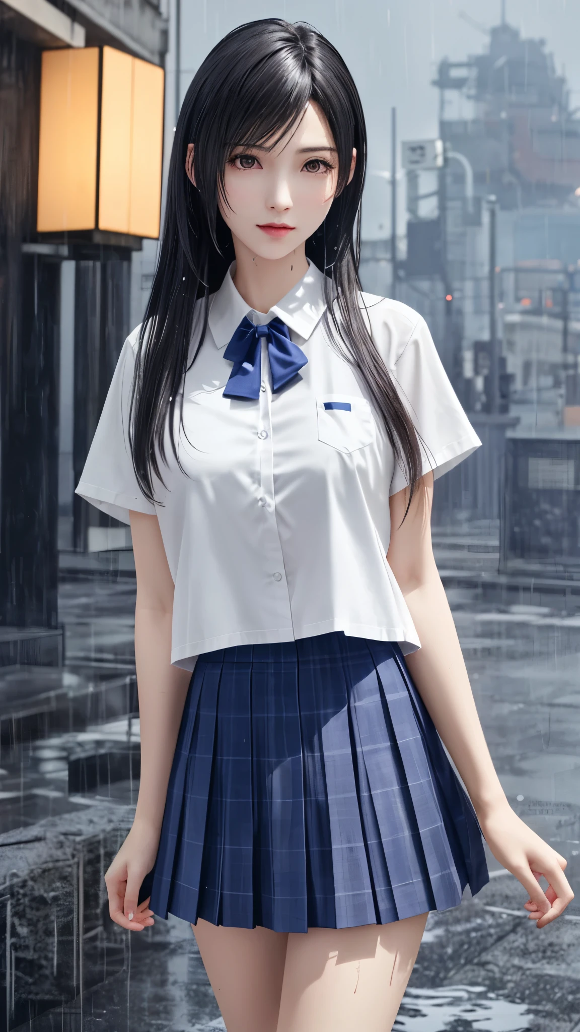 (top quality, masutepiece: 1.1), (Realistic: 1.3), (photoRealistic: 1.3),wallpapers, (raining portrait:1.2), BREAK (((FF7,Tifa_lockhart))),(((Japan jk uniform,White short-sleeved shirt,Navy Blue Plaid Pleated mini-Skirt,Dark blue short socks,loafers,Wet clothes:1.2, see through shirt))),(background big city,shibuya:1.1),(heavy rain:1.3,raining!, at evening during rain,dark:1.2),(gravure pose:1.3,nogizaka idol),Ultra-detailed face, Detailed eyes,Red eyes, BREAK (((FF7,Tifa_lockhart))),(black brown hair, Large breasts: 1.2), (all body soaked:1.3),, BREAK , About 18 years old,kawaii,(face focus:1.2),sensual,looking at viewer,Beautiful legs,