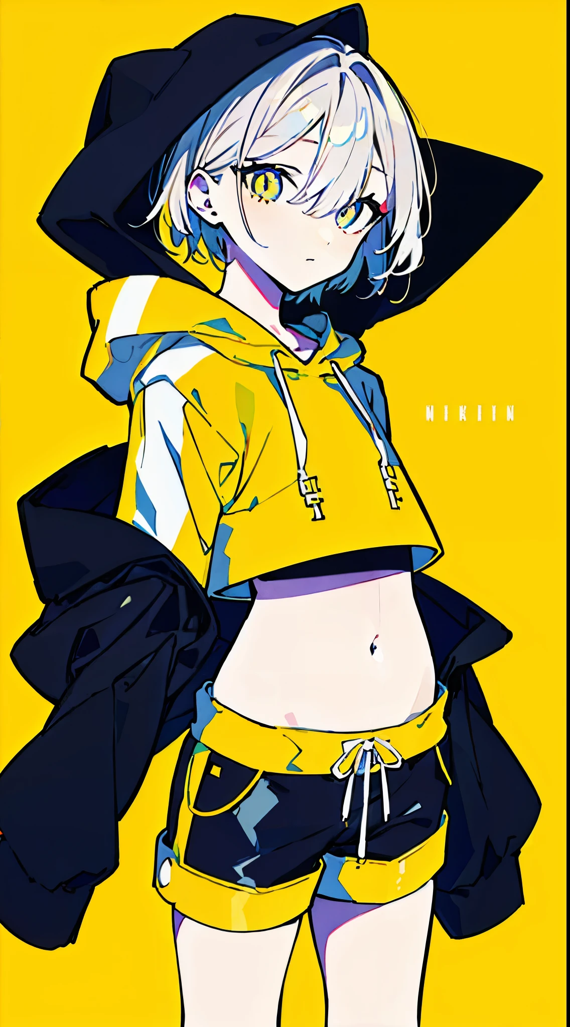 (masterpiece, highest quality:1.6), alone, thick outline, (simple background, Dark yellow background, monochrome, dark yellow theme:1.2), official art, Key Visual, 8K, disorganized, whole body, (Unique hair, Oversized Hoodies, hot pants, arch back, short torso:1.2), belly button, thighs, cowboy shot, HDR, sharp focus, High resolution, most detailed, very detailed, Super detailed, finely, detailed eyes and face, sharp pupils, realistic student, solo, contrast between yellow and light blue