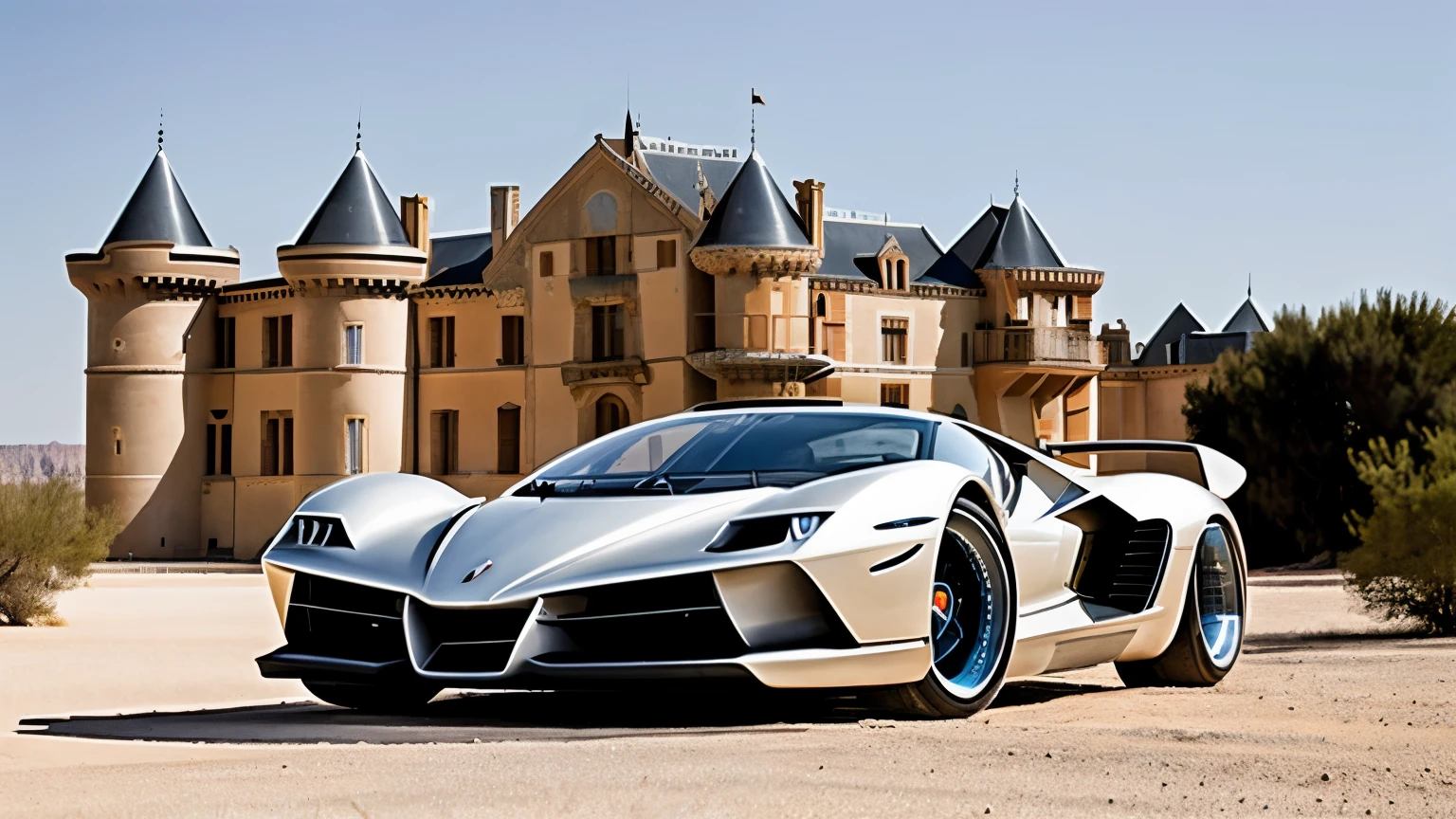 photo professionnelle d'une super car dans un desert avec un ((chateau retrofuturiste dans le fond))