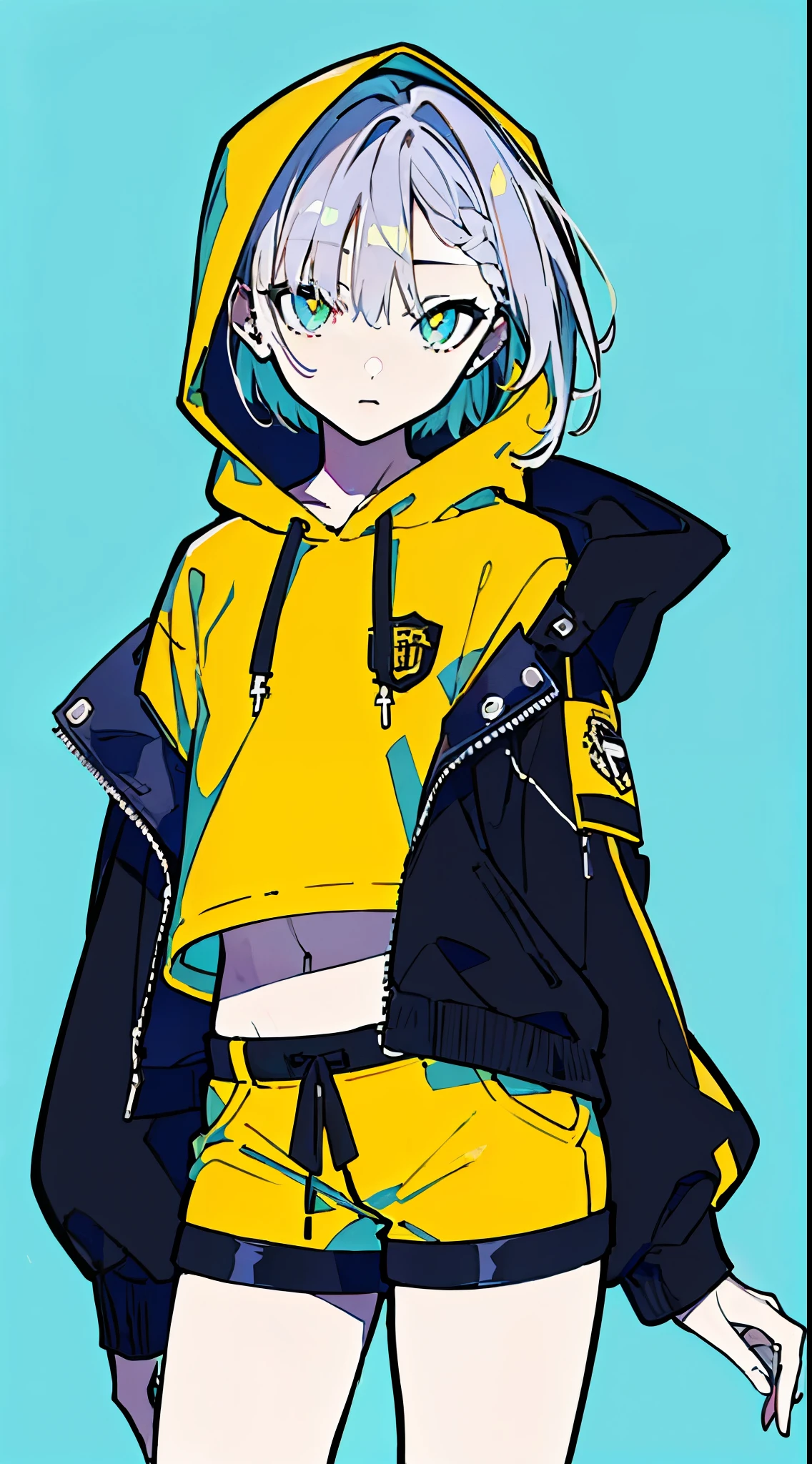 (masterpiece, highest quality:1.6), alone, thick outline, (simple background, Dark yellow background, monochrome, dark yellow theme:1.2), official art, Key Visual, 8K, disorganized, whole body, (Unique hair, Oversized Hoodies, hot pants, arch back, short torso:1.2), belly button, thighs, cowboy shot, HDR, sharp focus, High resolution, most detailed, very detailed, Super detailed, finely, detailed eyes and face, sharp pupils, realistic student, solo, contrast between yellow and light blue
