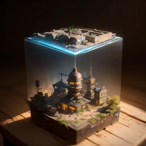 small realistic model, (bifurcation, original photo, best quality, masterpiece:1.4),SteampunkCyberpunk1916 City,(Cyberpunk light:1.3),on the table,horizon (related to land),(in a small nature box:1.3),Isometric, small nature, landscape on foundation,landscape,