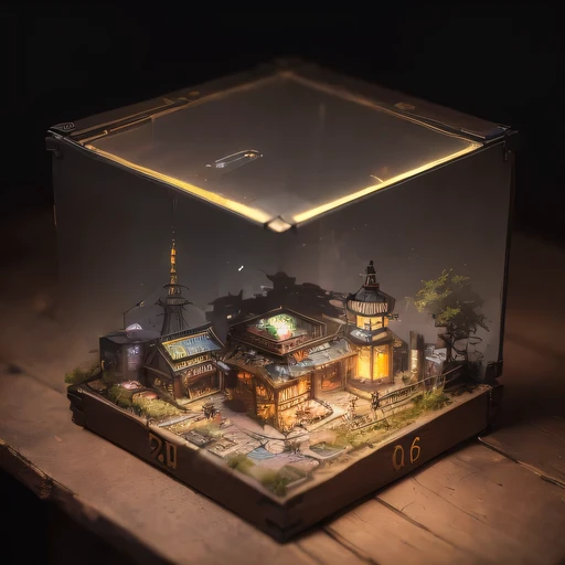 small realistic model, (bifurcation, original photo, best quality, masterpiece:1.4),SteampunkCyberpunk1916 City,(Cyberpunk light:1.3),on the table,horizon (related to land),(in a small nature box:1.3),Isometric, small nature, landscape on foundation,landscape,