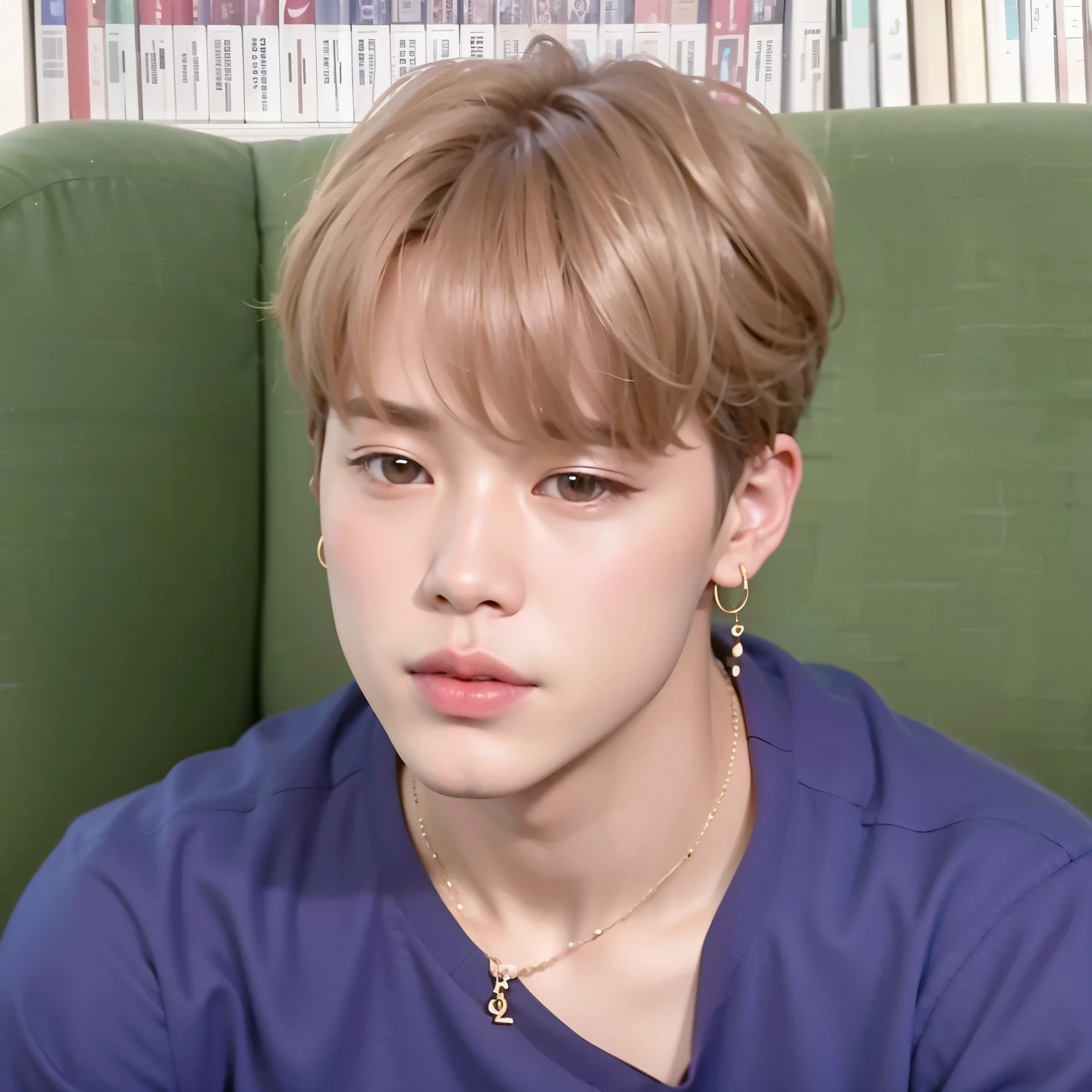 a close up of a person sitting on a couch with a necklace, accurate jimin face, jimin\'s plump lips, park jimin, jimin, jimin\'s right eyelid swollen, jimin\'s grecian nose, park jimin, portrait of jimin of bts, he has an elongated head shape, jimin chengt, park jimin