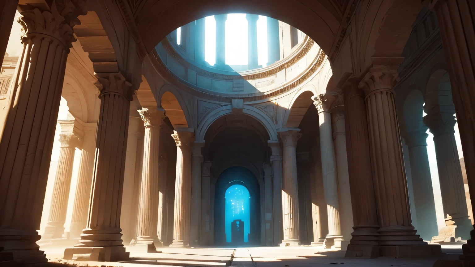 Behind the mysterious and unpredictable door lies a different world, very very big door, extremly large door, universe,  blue cosmos,(cyberpunk),In the expanse of the desert, a once-magnificent structure lies in ruins, a testament to the enduring legacy of Rome. The image depicts a cluster of weathered pillars, reminiscent of the grandeur that once was. Each pillar stands like a silent sentinel, guarding the secrets of a bygone era,completing the stable diffusion of serenity and contentment,masterpiece, best quality