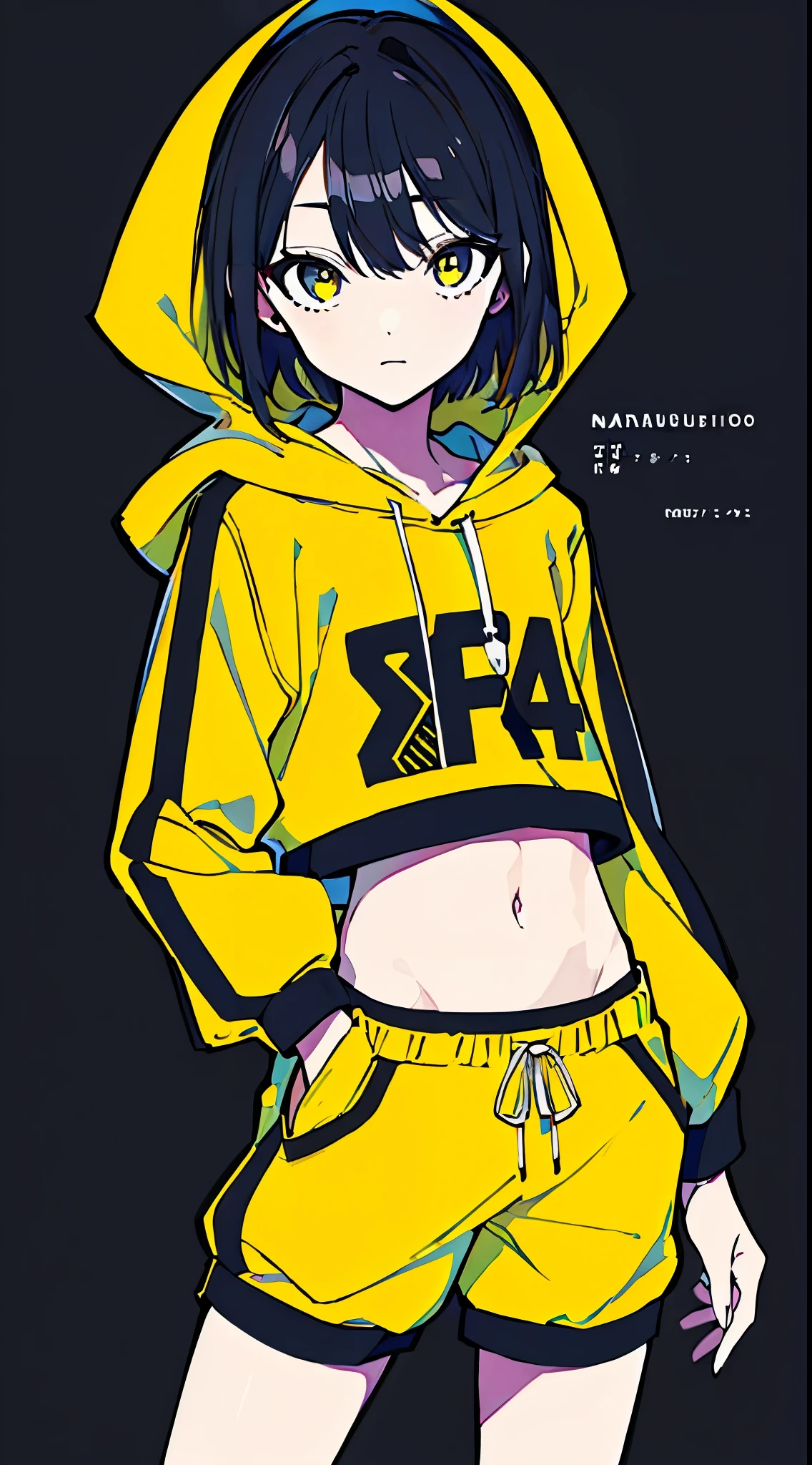 (masterpiece, highest quality:1.6), alone, thick outline, (simple background, Dark yellow background, monochrome, dark yellow theme:1.2), official art, Key Visual, 8K, disorganized, whole body, (Unique hair, Oversized Hoodies, hot pants, arch back, short torso:1.2), belly button, thighs, cowboy shot, HDR, sharp focus, High resolution, most detailed, very detailed, Super detailed, finely, detailed eyes and face, sharp pupils, realistic student, solo