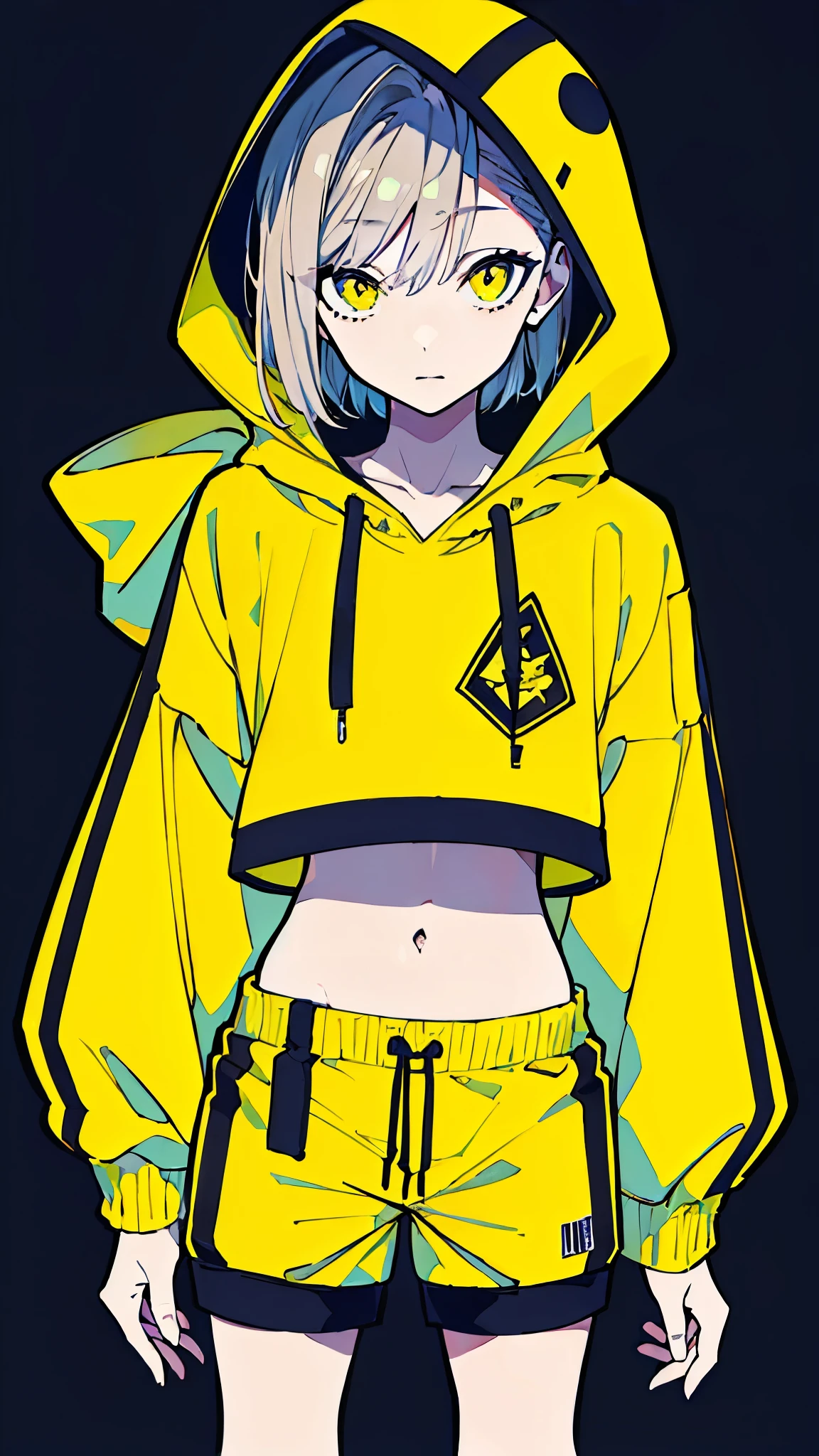 (masterpiece, highest quality:1.6), alone, thick outline, (simple background, Dark yellow background, monochrome, dark yellow theme:1.2), official art, Key Visual, 8K, disorganized, whole body, (Unique hair, Oversized Hoodies, hot pants, arch back, short torso:1.2), belly button, thighs, cowboy shot, HDR, sharp focus, High resolution, most detailed, very detailed, Super detailed, finely, detailed eyes and face, sharp pupils, realistic student, solo
