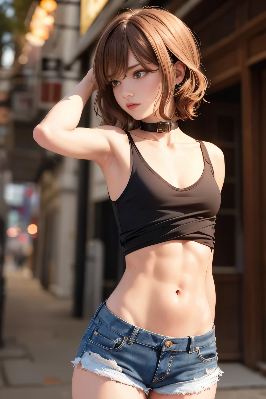 ((Medium chest, Tomboy, small head)), dawn, sunlight, (chiseled abs : 1.1), (perfect body : 1.1), (short wavy hair : 1.2) , auburn hair, collar, Lock, full body shot, crowded street, wearing black tanktop, jean jacket, ((shorts)), (Highly detailed CG 8k wallpaper), (very delicate and beautiful), (masterpiece), (highest quality:1.0), (ultra High resolution:1.0),  beautiful lighting ,perfect lightning, realistic shadow, [High resolution], fine skin, super detailed, lesbian, kiss, kissing