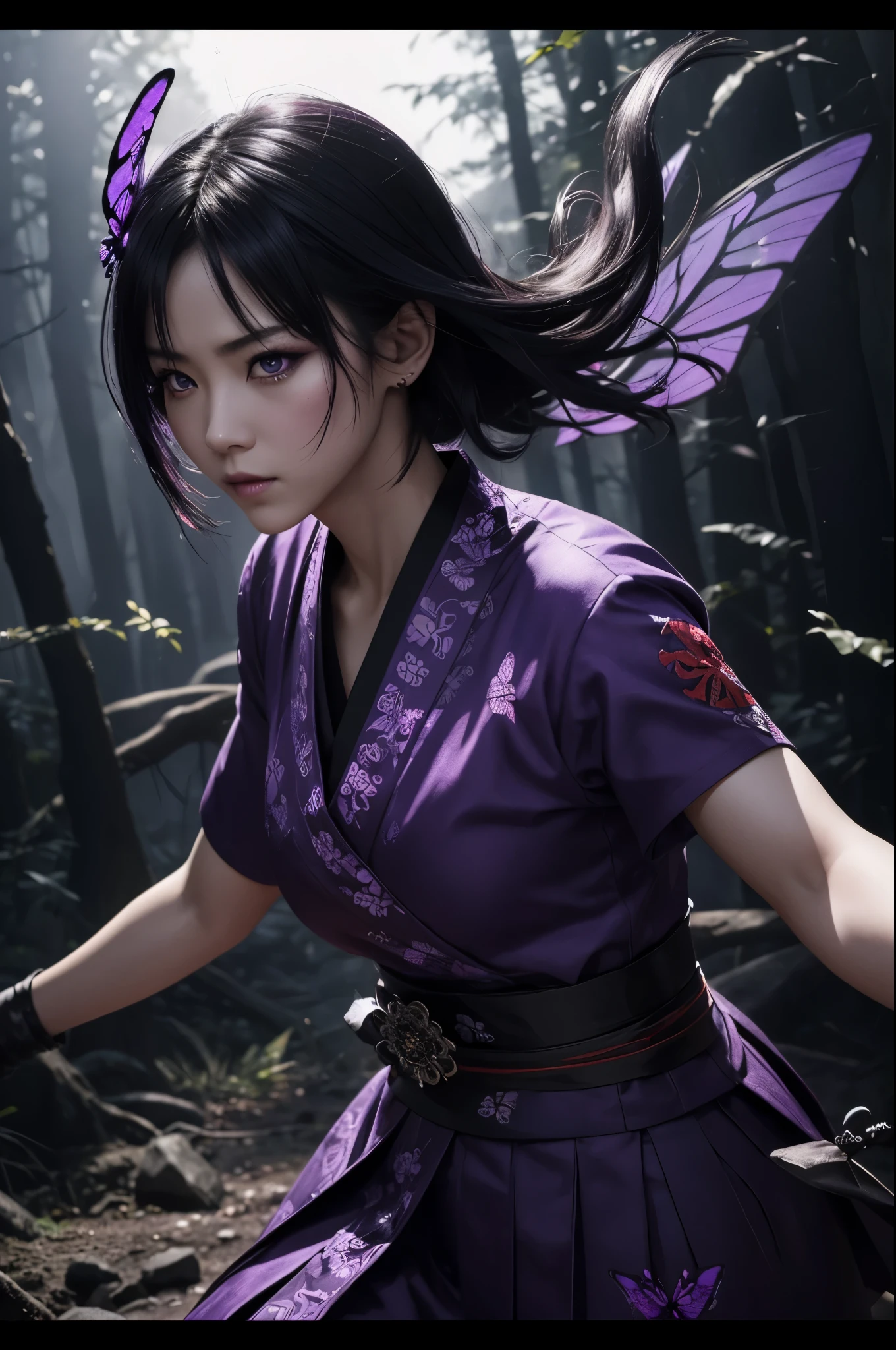 8K,Women in traditional Japanese costumes fighting,(dark shot:1.4), 80mm, (dark shot:1.4), 80mm, epic real, Big eyes,Black hair short bob hair,black and purple butterfly hair ornament,black kimono and red obi,black and purple butterfly pattern(Precise butterfly embroidery),purple eyes(purple effect),matted, art,horror movie lights, photo lab, HDR, 複雑で非常にdetailed, (Depth of bounds written:1.4), (dark shot:1.22), (artステーション:1.2), 超detailedな, dramatic, intricate details, (technicolor:0.9), (rutkowski:0.8), horror movie-like, detailed, soft light, sharp, exposure blend, medium shot, (noir:0.4), horror light,sharp, exposure blend、medium shot,Photorealistic RAW photos of the highest quality。Backlight, cinematic lighting, film grain, to be born, 50mm lens, Nikon D850,realistic skin,ファンタジーart,キャラクターart,ultra high resolution,muscular slim body,in the forest,super realistic skin,late night,underworld devil makeup,demon makeup,battle scene,action scene,action pose,激しいaction pose,fierce fighting,Holding a dagger,acrobatic pose,Fighting style,emits a purple aura from the body(濃いpurple effect),Dark purple smoke around the body(濃いpurple effect),