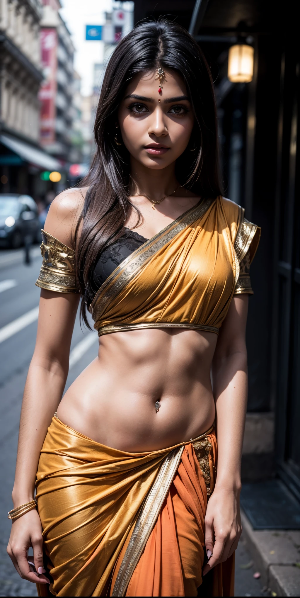 Indian girl, Bollywood, highres, masterpiece, perfect ligthing, adult, perfect skin, female, (looking at camera:1.4), realistic skin, eyeliner, realistic, (photorealistic), Shy, supermodel, very long hair, in street, wearing sari, stunning, people looking at her