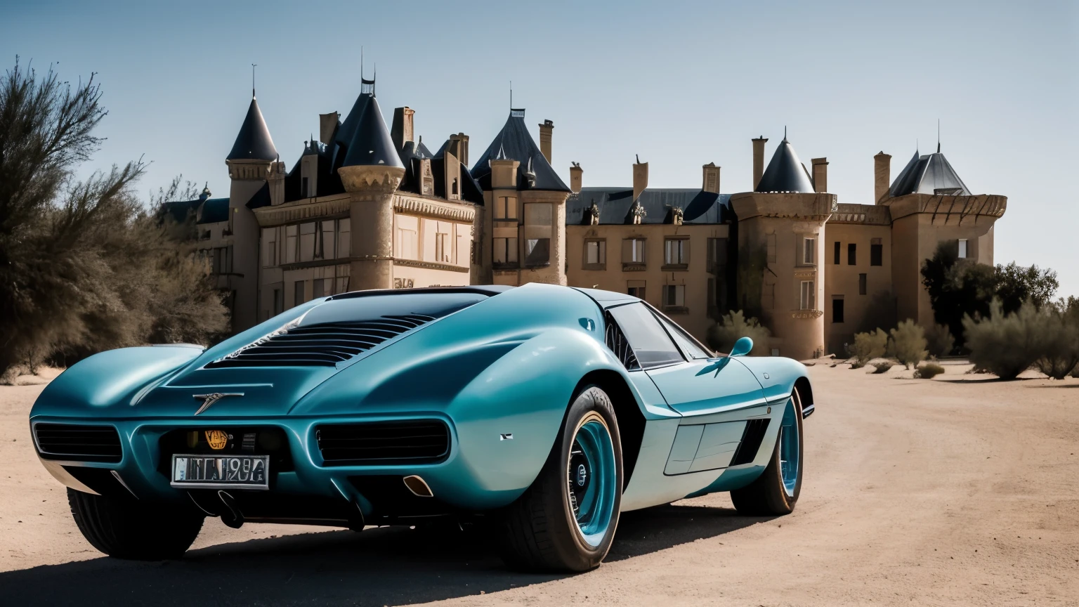 photo professionnelle d'une super car dans un desert avec un ((chateau retrofuturiste dans le fond)) epic composition. cinematic light. arriflex, angenieux lens.