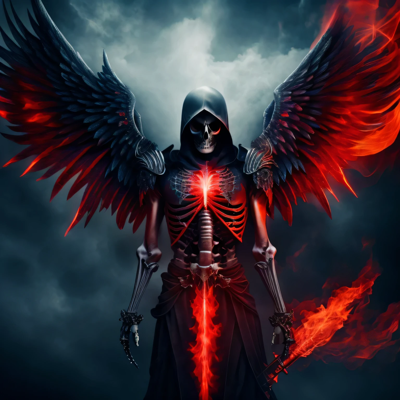 skeleton with angel wings, red and blue flames, high resolution, black mist