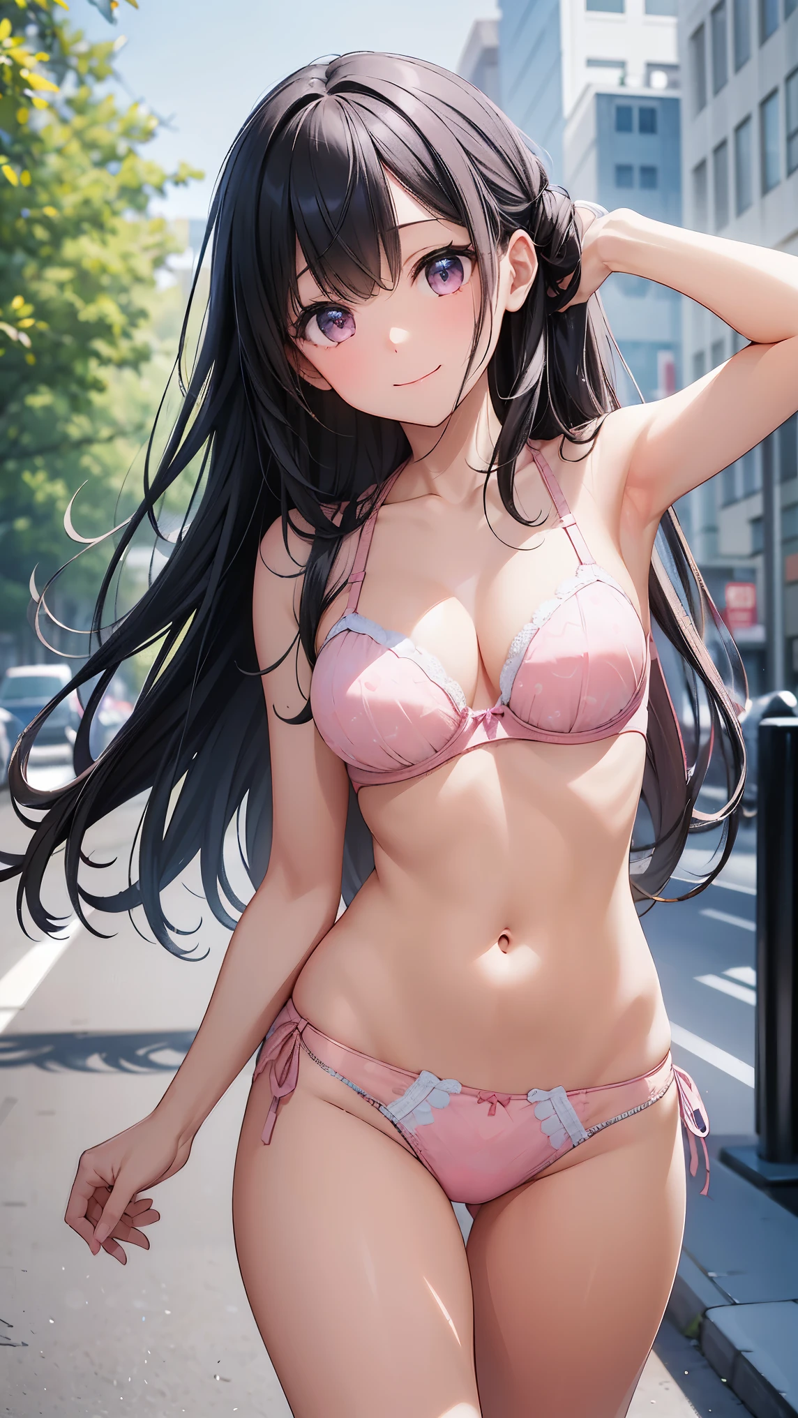 muste piece、highest quality、High resolution、nffsw、perfect pixel、1 girl、cute、perfect body、anatomically correct、beautiful eyelashes, realistic eyes、smile、((Clear pink heart pattern bra))、((Clear pink heart pattern panties))、Wearing only underwear、Smooth texture:0.75、blue sky outdoors、I can see your panties、Bra visible、Overall bright、cinematic light、black hair、brown eyes