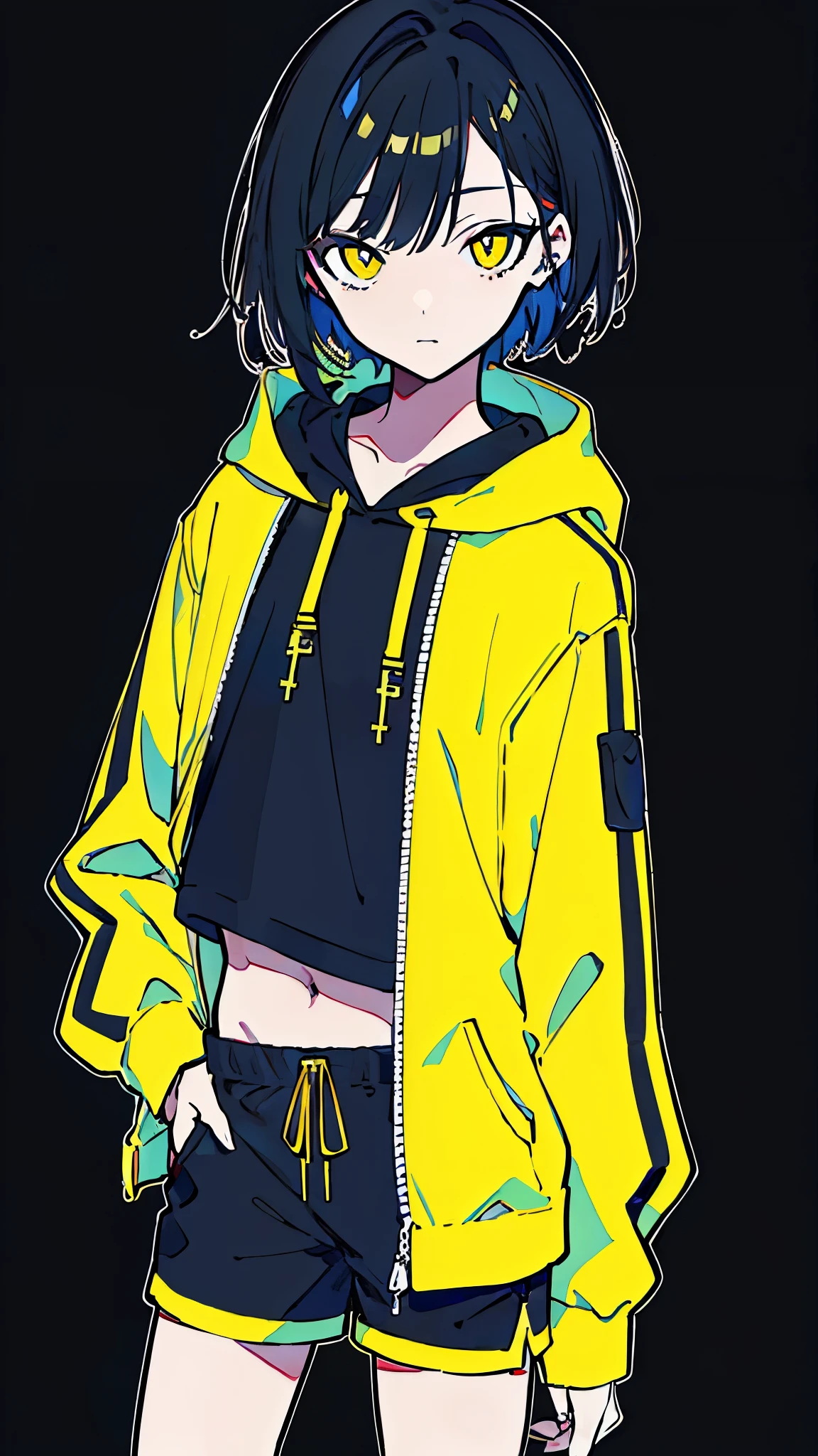 (masterpiece, highest quality:1.6), alone, thick outline, (simple background, Dark yellow background, monochrome, dark yellow theme:1.2), official art, Key Visual, 8K, disorganized, whole body, (Unique hair, Oversized Hoodies, hot pants, arch back, short torso:1.2), belly button, thighs, cowboy shot, HDR, sharp focus, High resolution, most detailed, very detailed, Super detailed, finely, detailed eyes and face, sharp pupils, realistic student