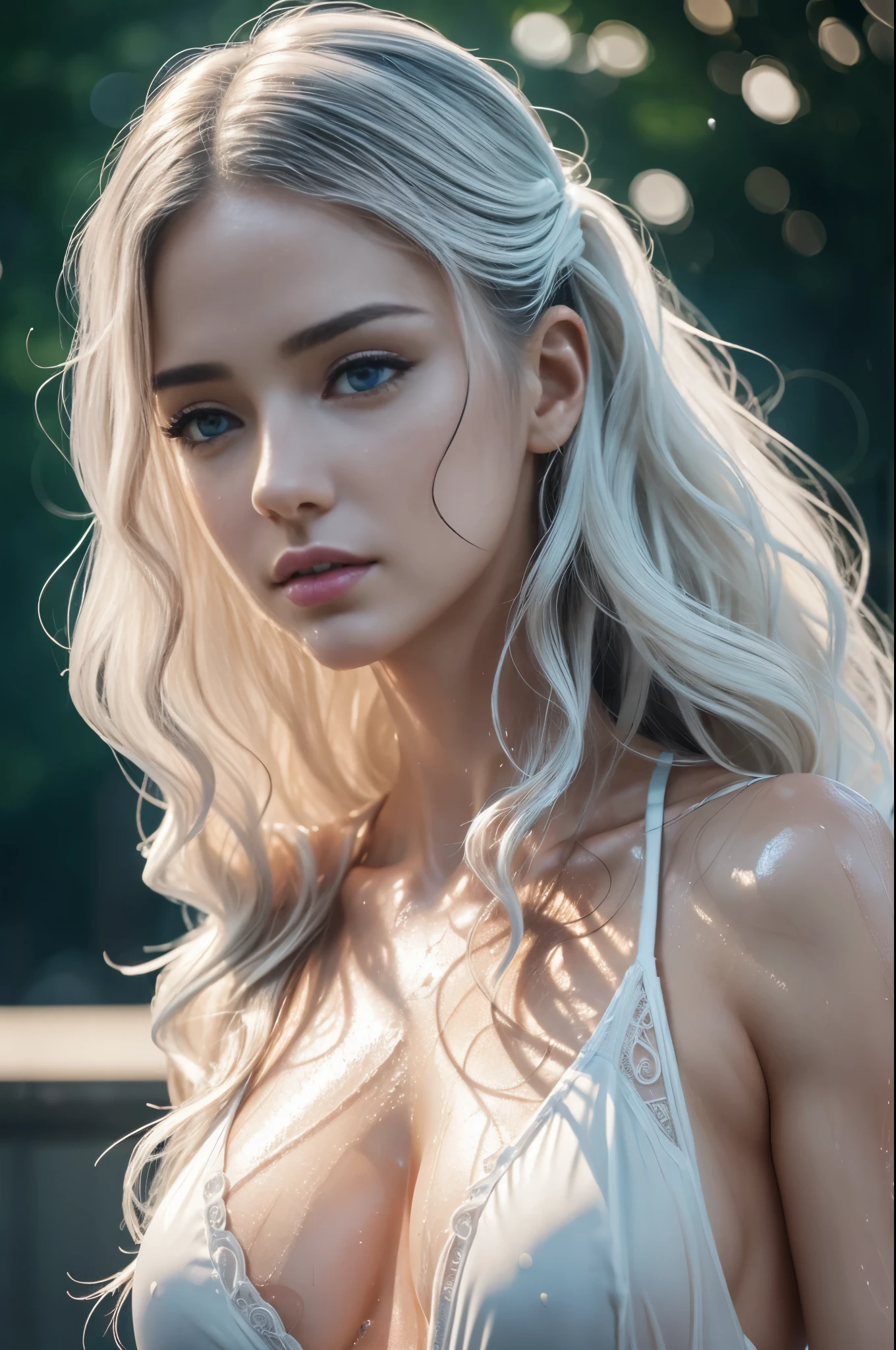 (whole body:1.3)(extremely intricate:1.3), (photorealistic:1.4), hyper-detailed wet sheer outfit, (sensual pose), (lewd face), sexy lips, waifu, oppai, beautiful, cute, pretty, perfectly proportion body, perfect framing, sharp gray eyes, supermodel face, detailed face, pale white skin, [[freckles skin]], (((white wavy hair))), cover art, moody,  zoom out, depth of field, art station, (luminism), (((cinematic lighting))), orange and teal, soft light, [summer weather: sunset weather:2.5] 4k resolution, octane render,