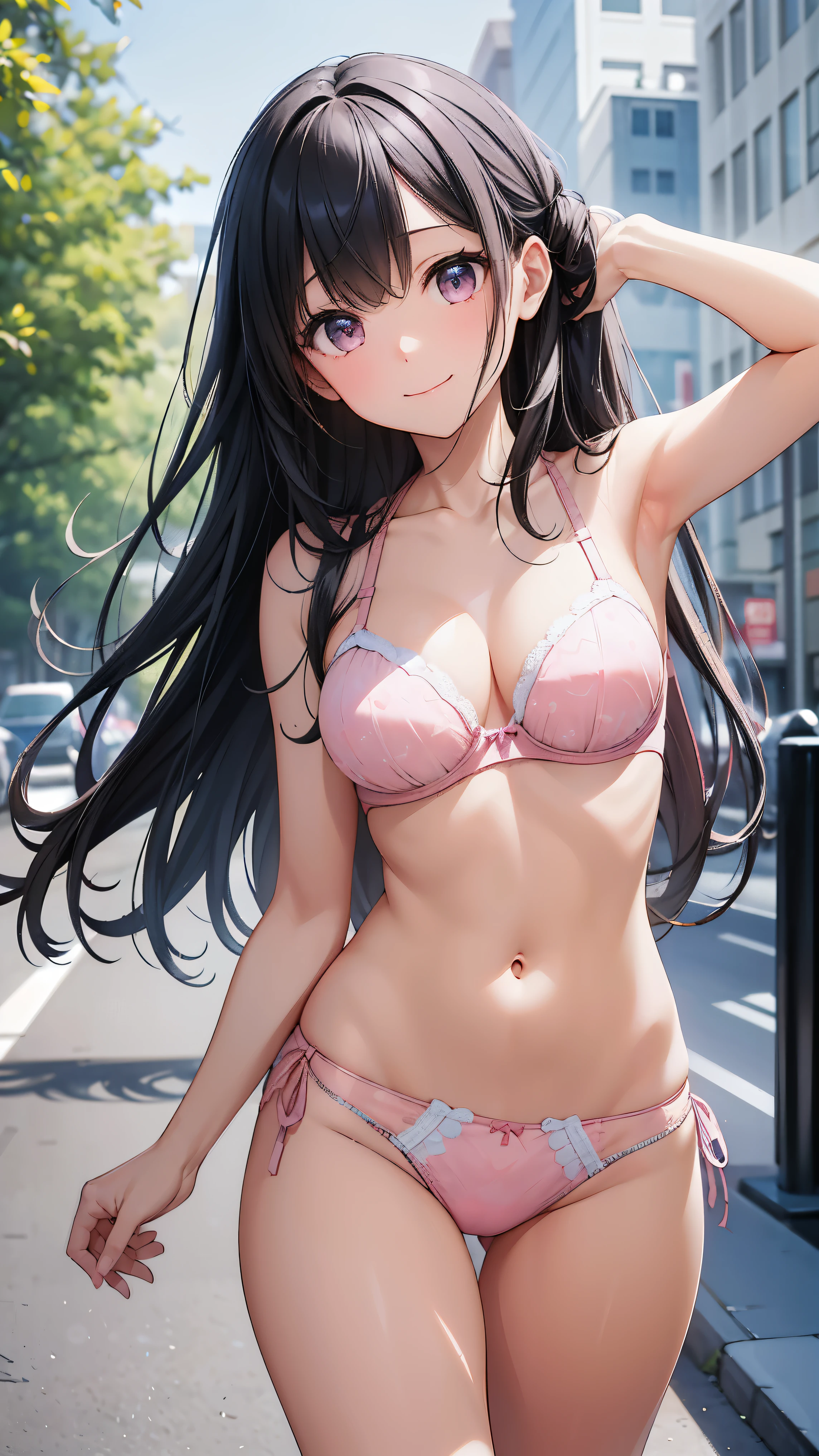pieces fly、highest quality、High resolution、nffsw、perfect pixel、1 girl、cute、perfect body、anatomically correct、beautiful eyelashes, realistic eyes、smile、((Clear pink heart pattern bra))、((Clear pink heart pattern pants))、wearing only underwear、smooth texture:0.75、outdoor blue sky、I can see your pants、Bra visible、Overall bright、cinematic light、black hair、brown eyes