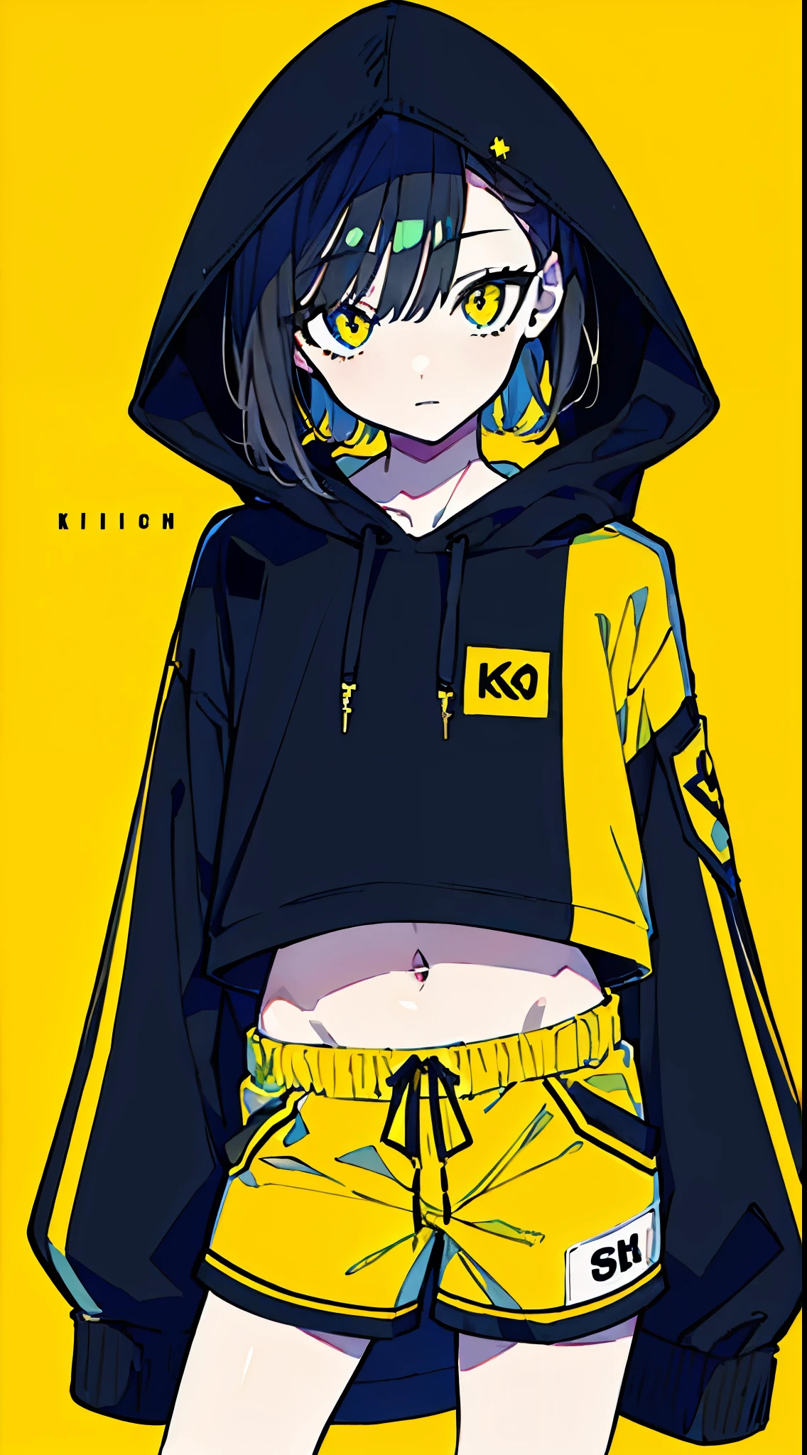 (masterpiece, highest quality:1.6), alone, thick outline, (simple background, Dark yellow background, monochrome, dark yellow theme:1.2), official art, Key Visual, 8K, disorganized, whole body, (Unique hair, Oversized Hoodies, hot pants, arch back, short torso:1.2), belly button, thighs, cowboy shot, HDR, sharp focus, High resolution, most detailed, very detailed, Super detailed, finely, detailed eyes and face, sharp pupils, realistic student, solo