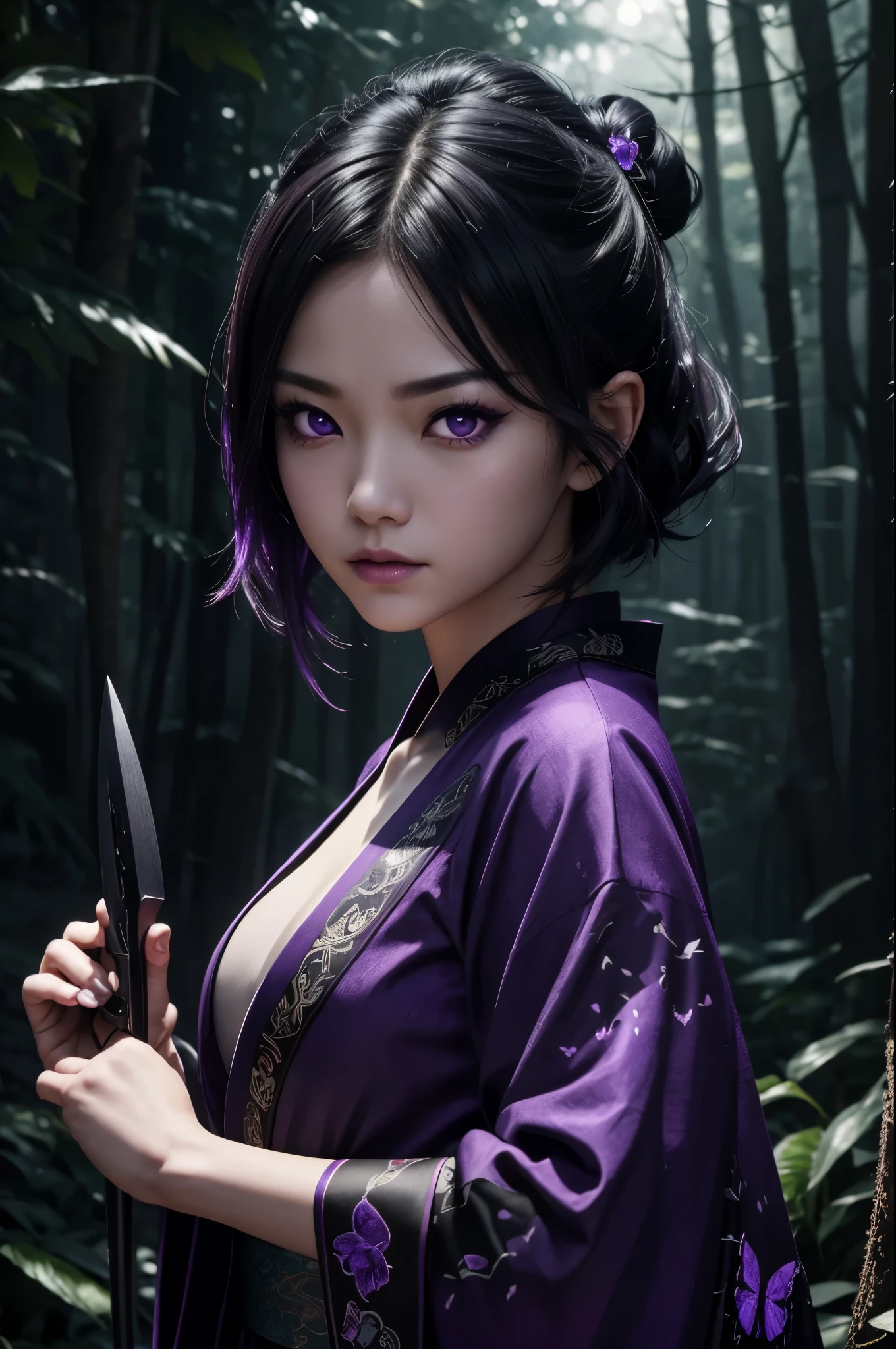 8K,Women in traditional Japanese costumes fighting,(dark shot:1.4), 80mm, (dark shot:1.4), 80mm, epic real, Big eyes,Black hair short bob hair,black and purple butterfly hair ornament,black kimonoと赤い帯,black and purple butterfly pattern(Precise butterfly embroidery),purple eyes(purple effect),matted, art,horror movie lights, photo lab, HDR, 複雑で非常にdetailed, (Depth of bounds written:1.4), (dark shot:1.22), (artステーション:1.2), 超detailedな, dramatic, intricate details, (technicolor:0.9), (rutkowski:0.8), horror movie-like, detailed, soft light, sharp, exposure blend, medium shot, (noir:0.4), horror light,sharp, exposure blend、medium shot,Photorealistic RAW photos of the highest quality。Backlight, cinematic lighting, film grain, to be born, 50mm lens, Nikon D850,realistic skin,ファンタジーart,キャラクターart,ultra high resolution,muscular slim body,in the forest,super realistic skin,late night,underworld devil makeup,demon makeup,battle scene,action scene,action pose,激しいaction pose,fierce fighting,Holding a dagger,acrobatic pose,Fighting style,emits a purple aura from the body(濃いpurple effect),Dark purple smoke around the body(濃いpurple effect),black kimono,