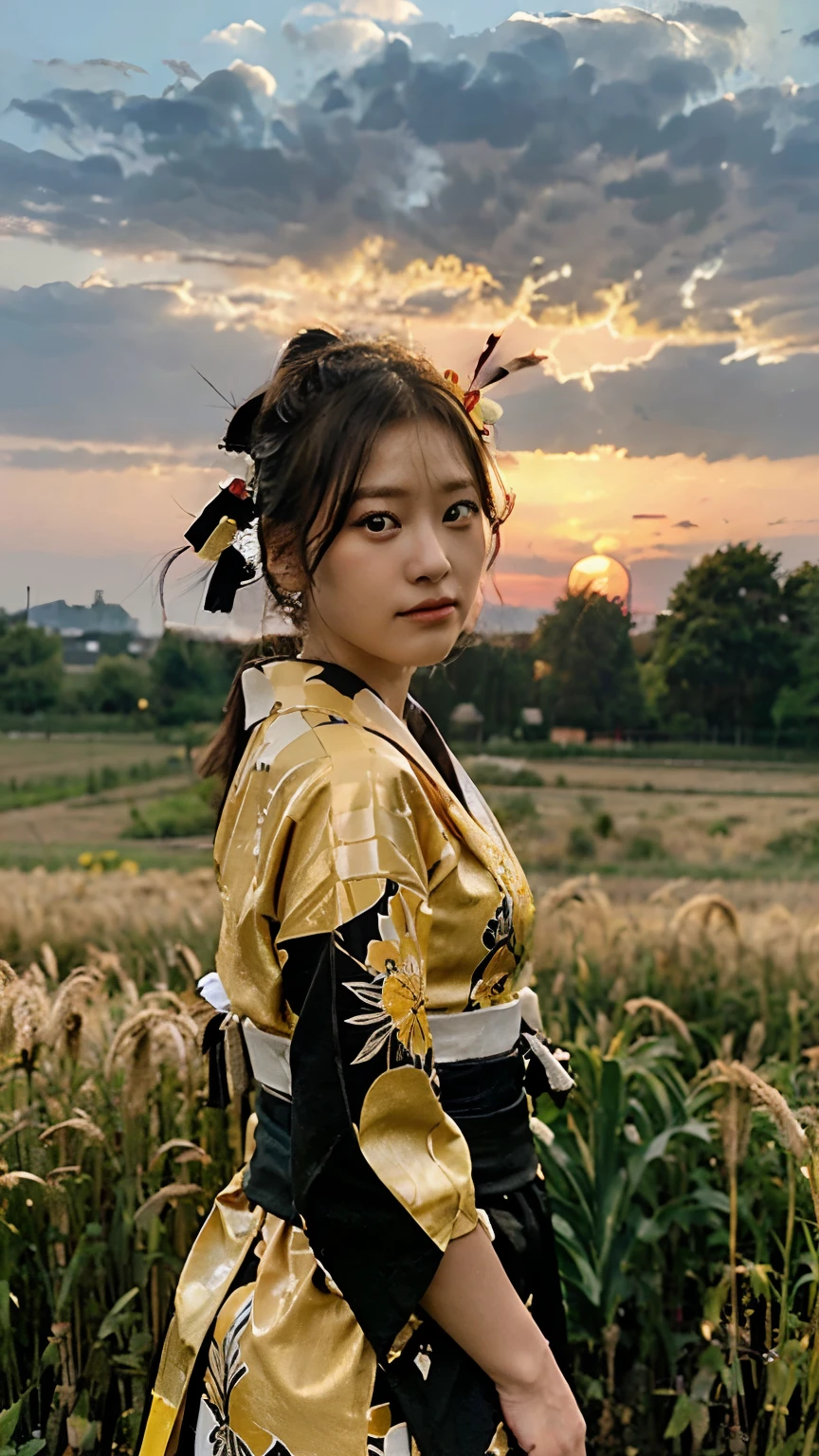 A girl in a kimono with a blank look stands waist-deep in a field of wheat, a black kimono with gold edges, her hair is tied in a ponytail, yellow eyes, the sunset is reflected in her eyes, the light falls on her face, half-sideways to the camera